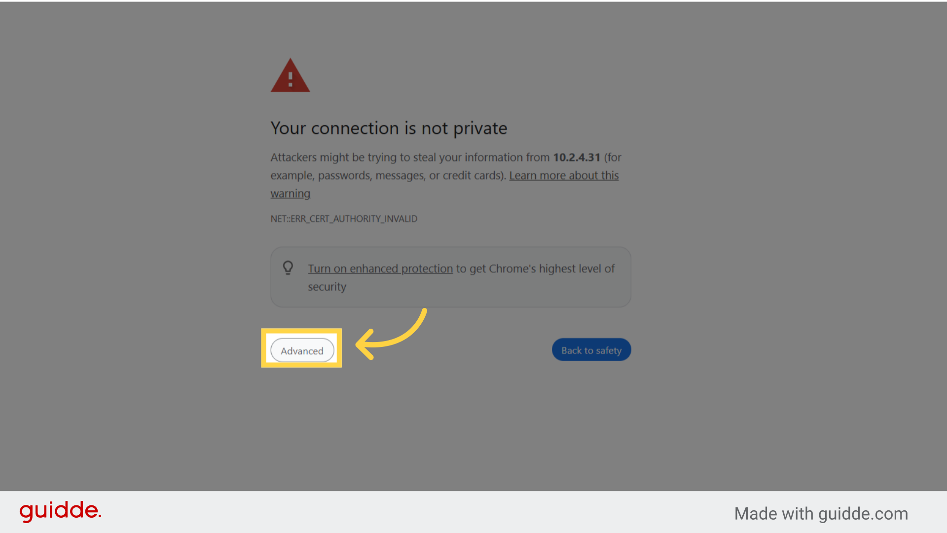 Click 'Advanced' to proceed to the login page.