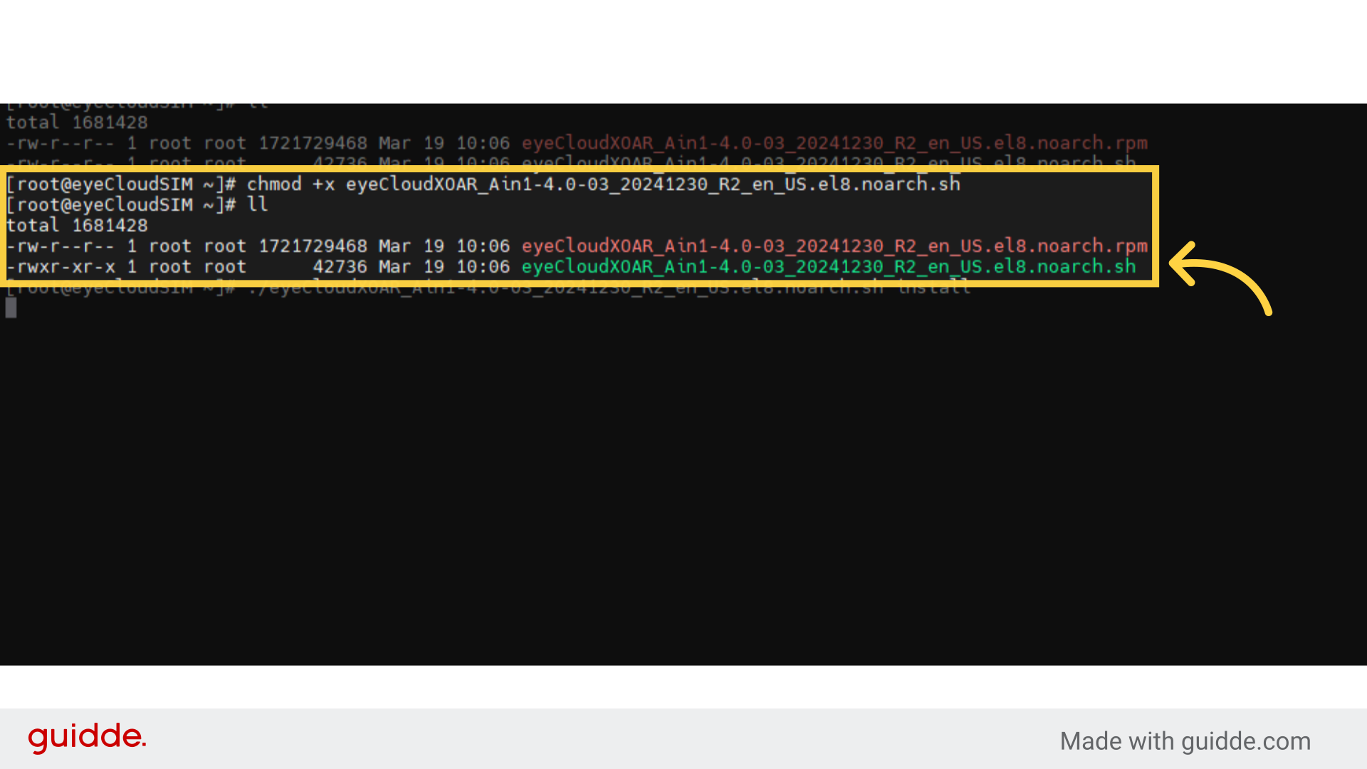 Add execution permission to `/etc/rc.d/rc.local`. ex) chmod +x eyeCloudXOAR_Ain1-4.0-03 20241230_R2_en.US.ol8.noarch.sh

After granting execution permission using chmod +x, the file appears in green