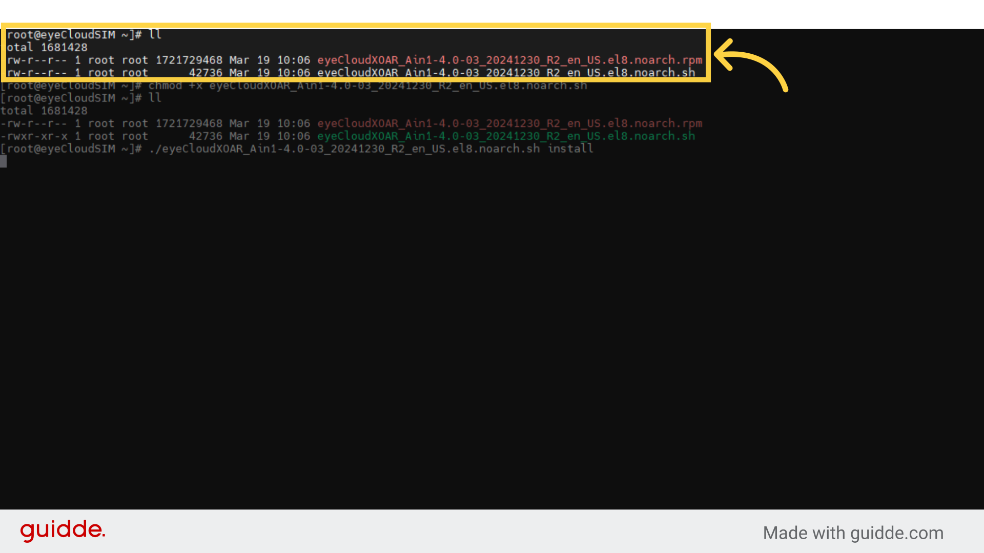 Check if the installation files exist in the root directory. Use the following command to verify  ll or ls