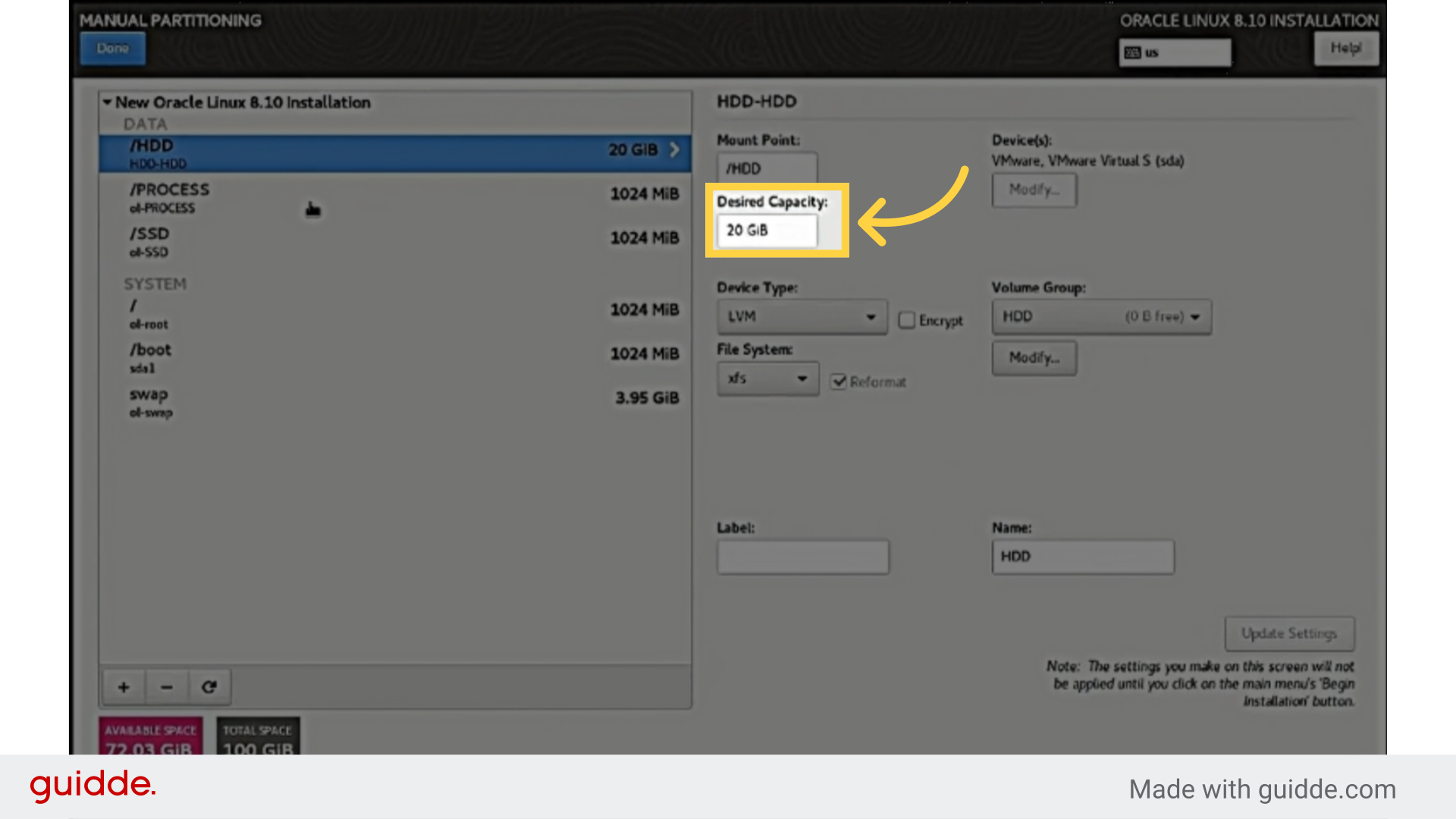 Select each partition one by one.
Set size: HDD 20 GiB, SSD 20 GiB, PROCESS 25 GiB.