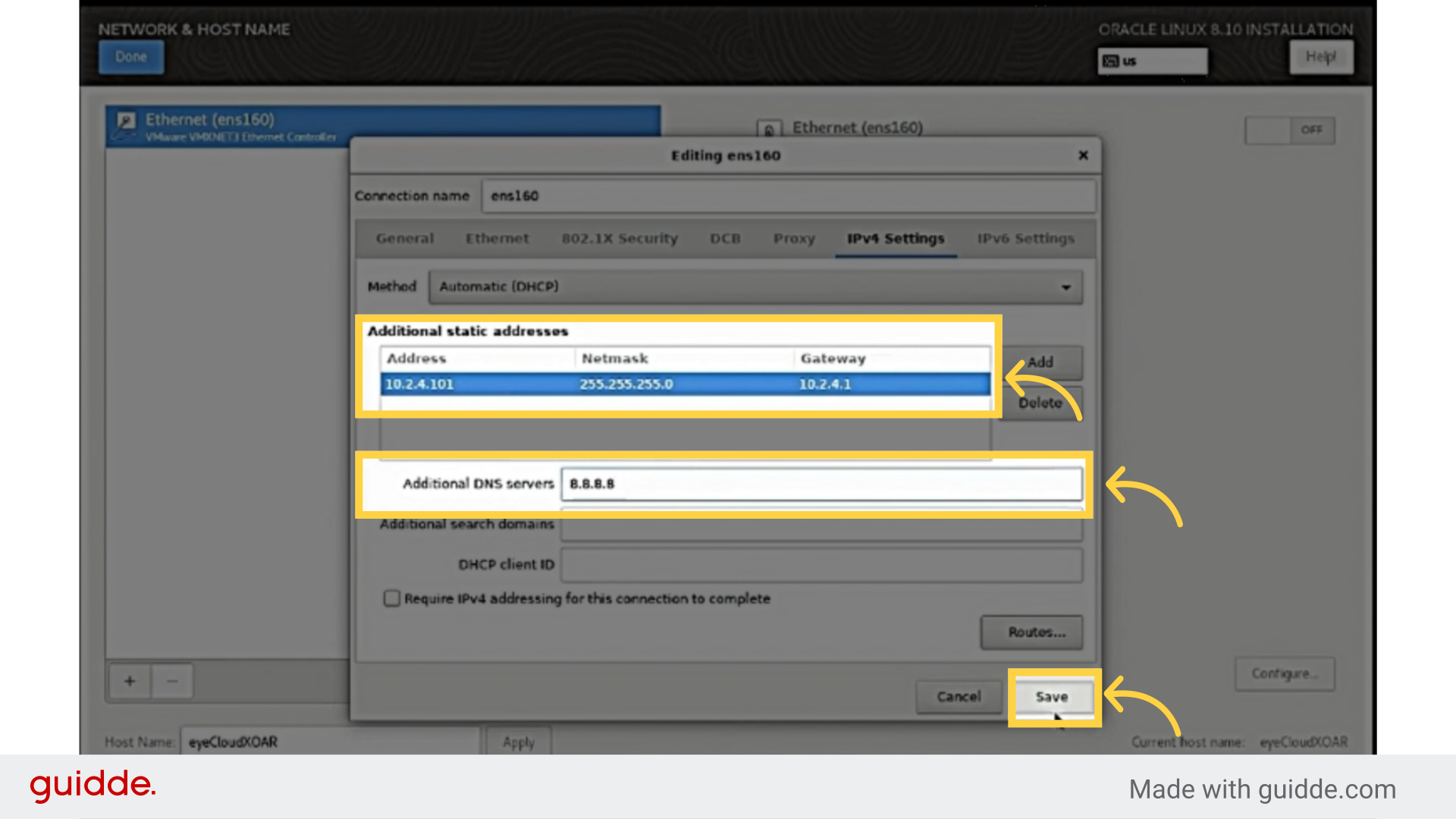 Enter ADDRESS, NETMASK, GATEWAY, and DNS.Then click Save