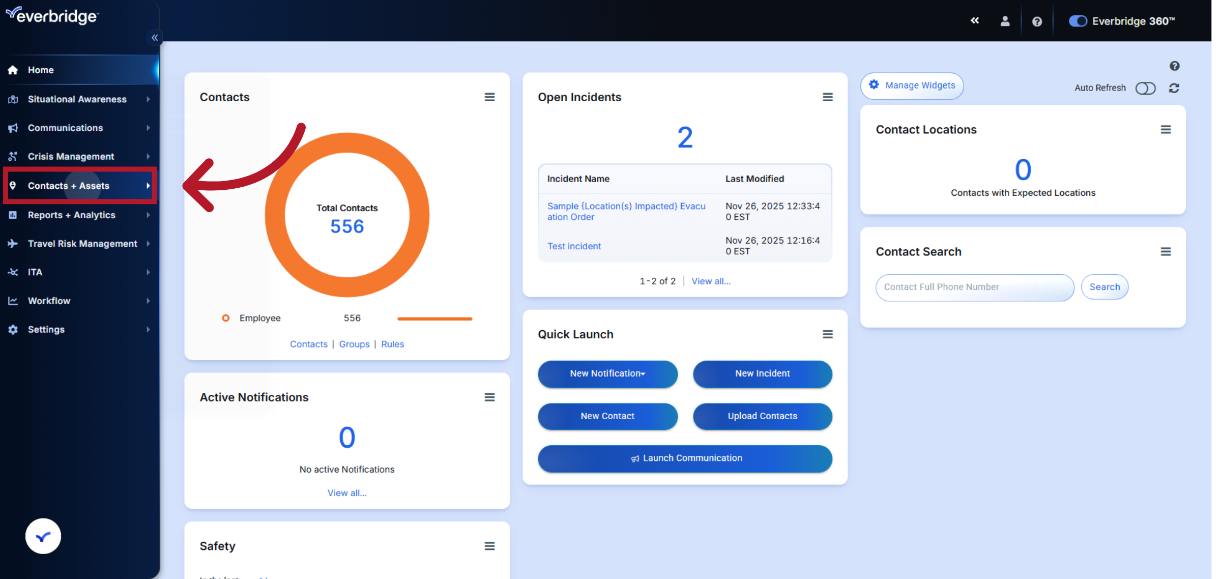 Navigate to Contacts + Assets