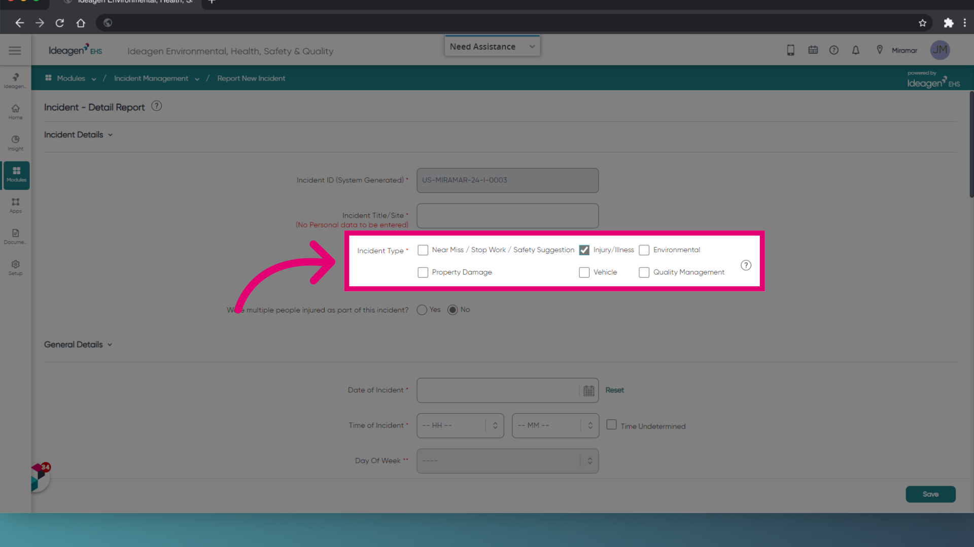 Select the Incident Type
