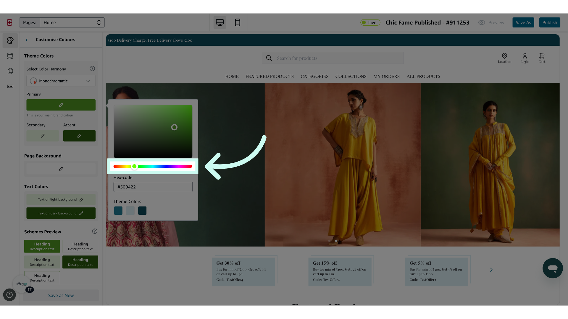 Select the color from the Color Picker or enter the Hex Code