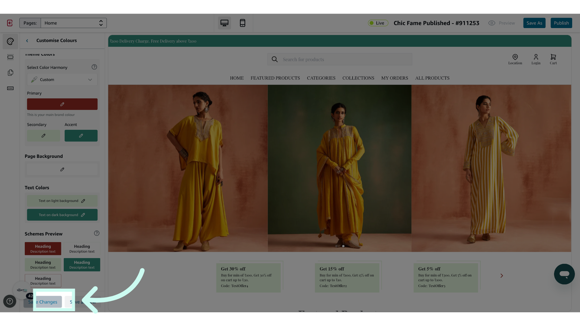 Click 'Save Changes' to update the custom palette