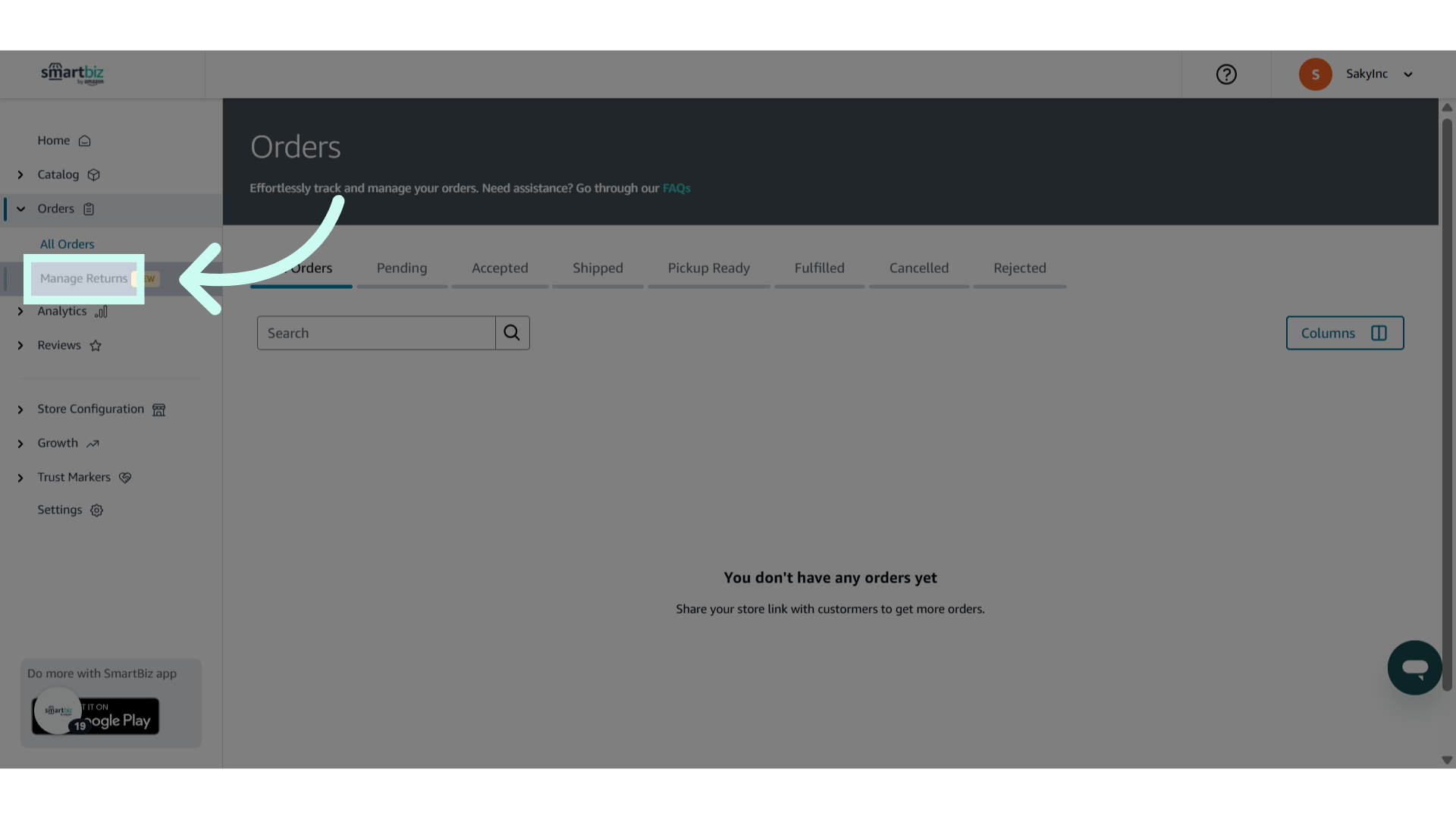 Click 'Manage Returns' to view the Return dashboard
