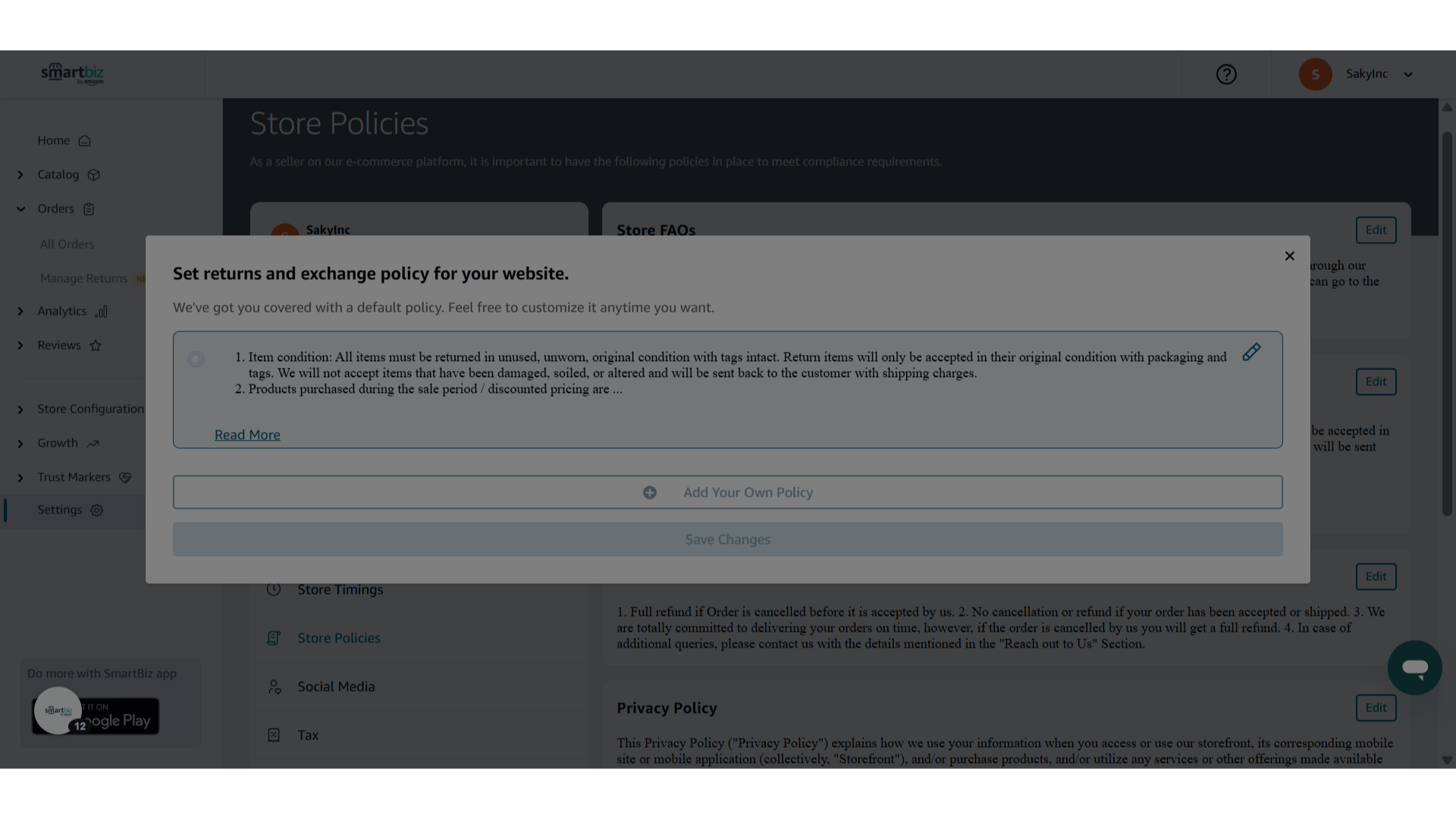 Set returns and exchange policy for your website.