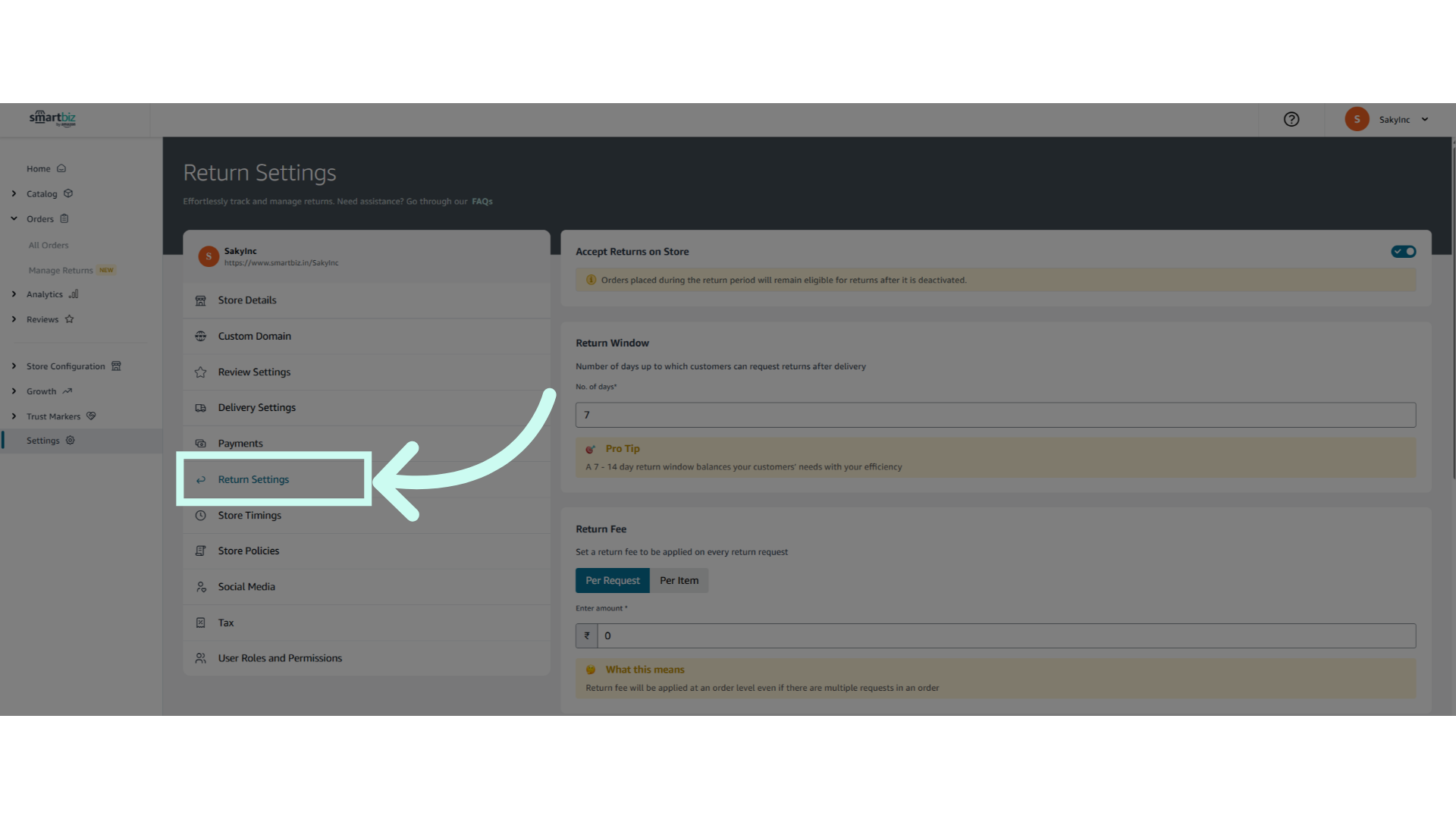 Navigate 'Return Settings'