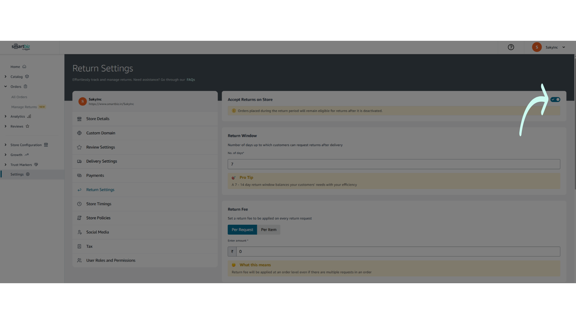 Enable the toggle to accept Return