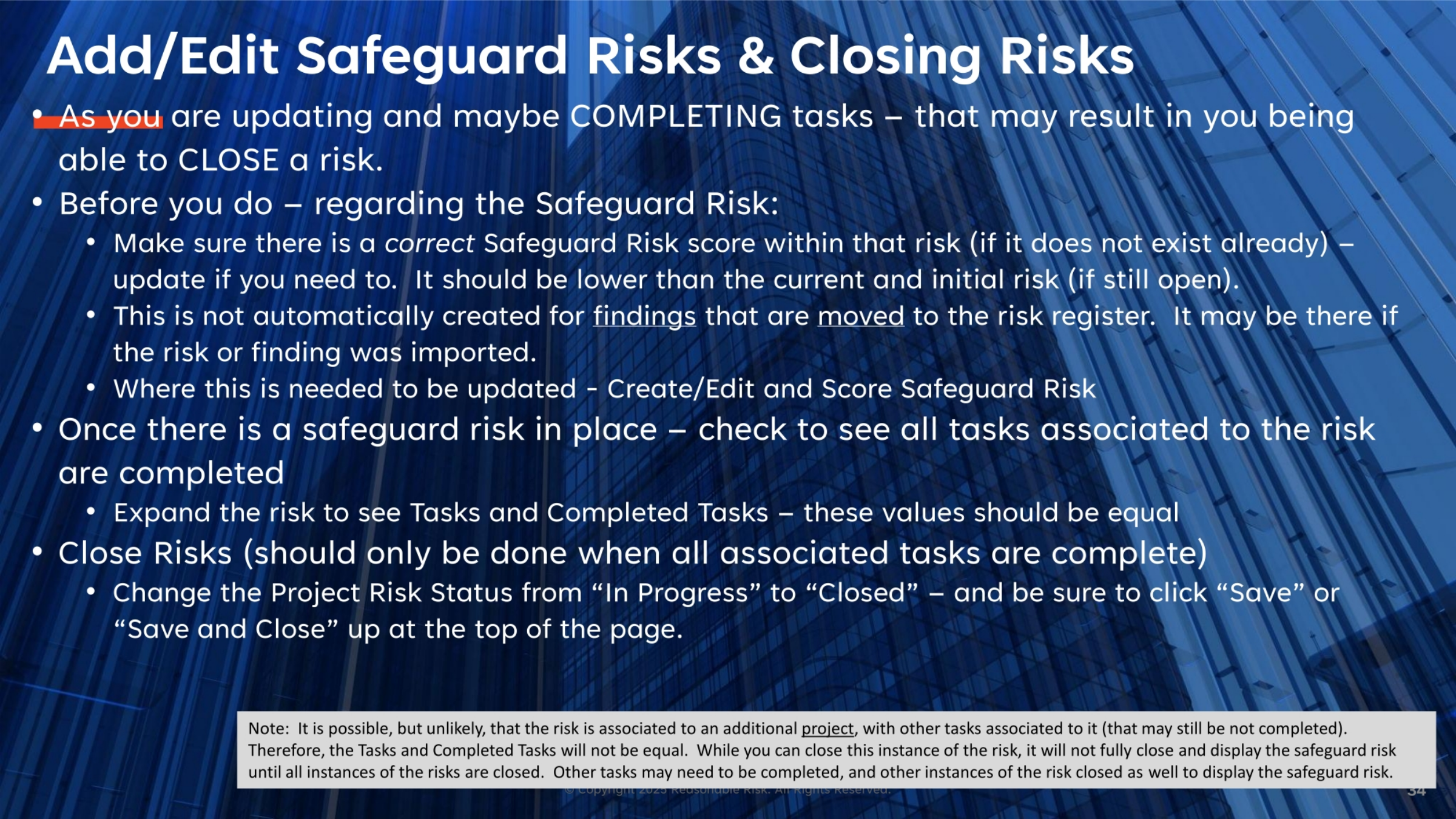 Add/Edit Safeguard Risks & Closing Risks