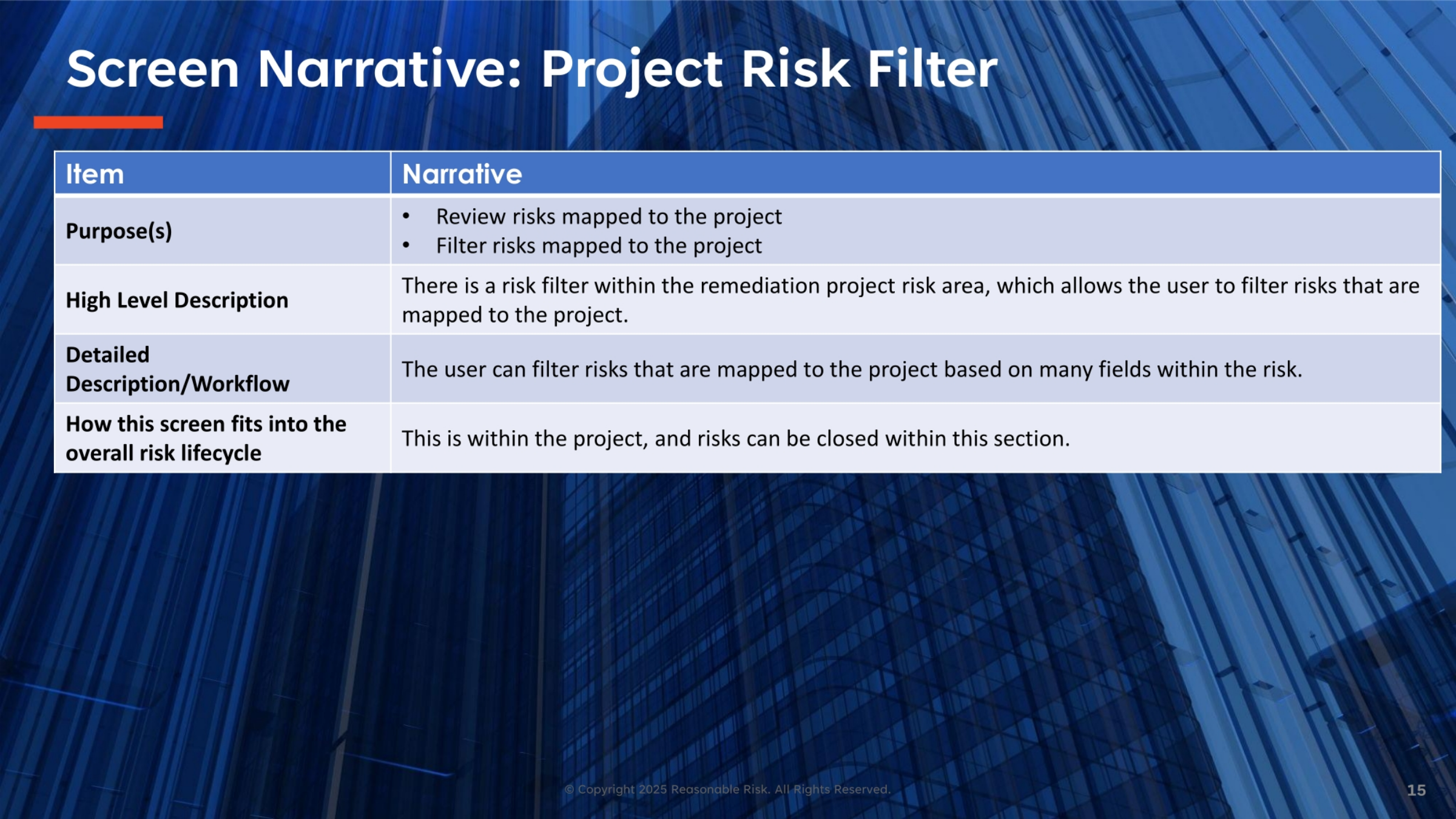 Screen Narrative: Project Risk Filter