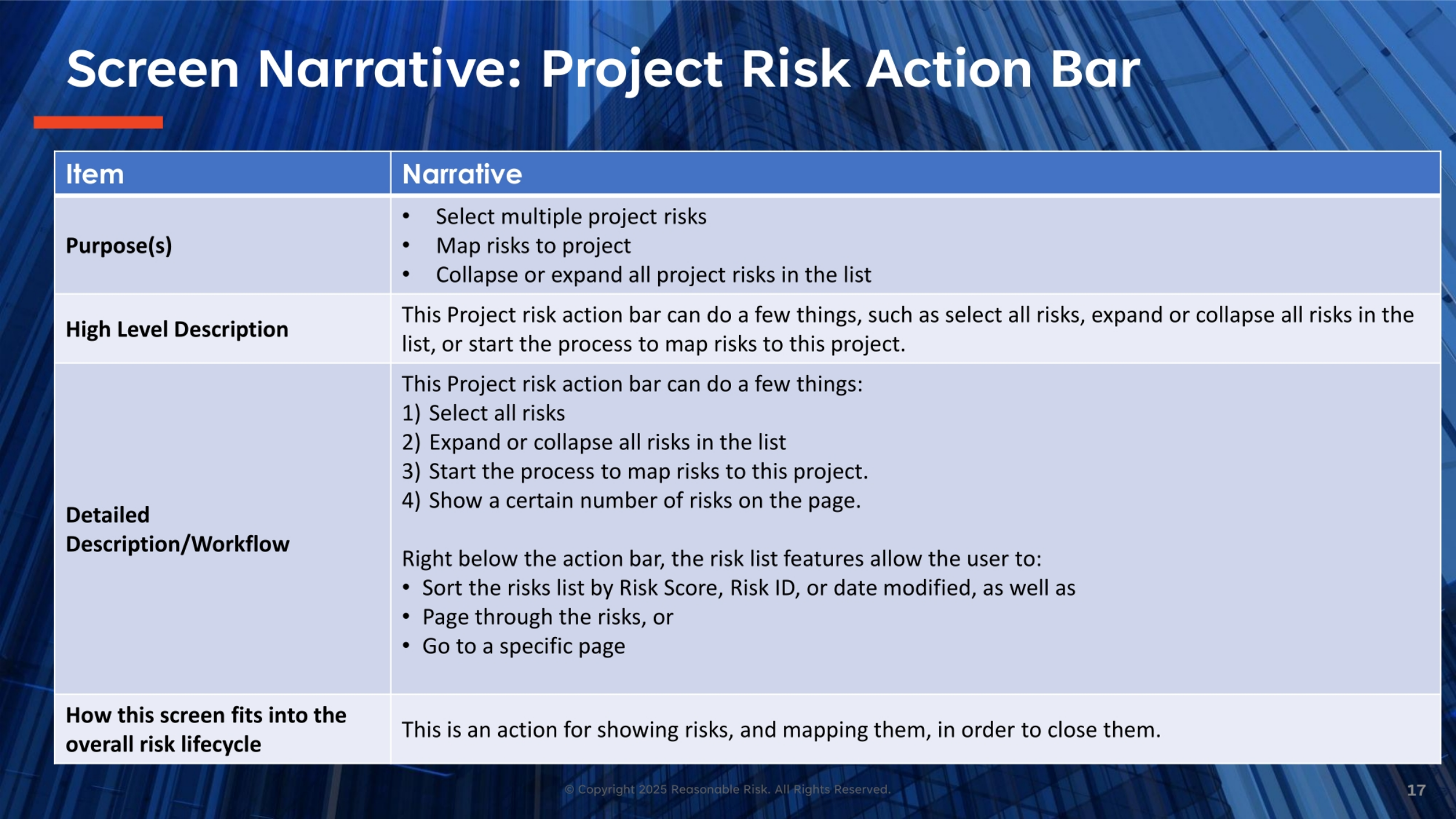 Screen Narrative: Project Risk Action Bar