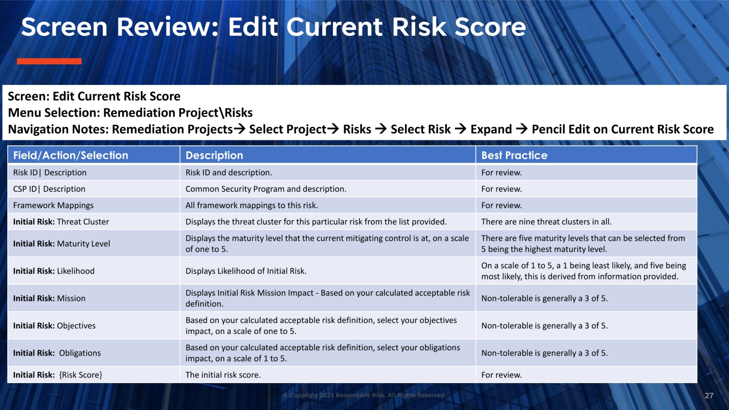 Screen Review: Edit Current Risk Score