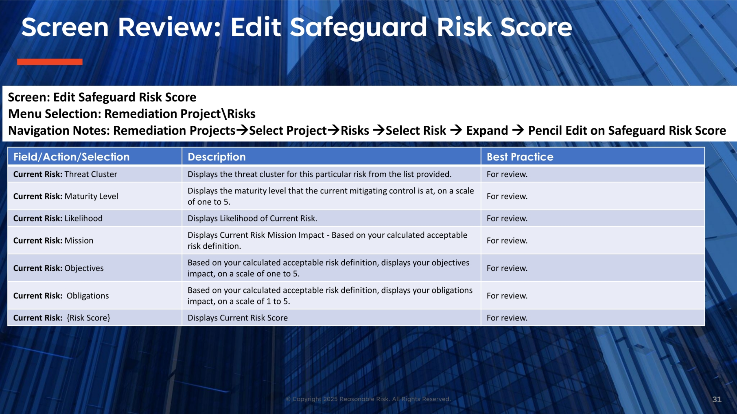 Screen Review: Edit Safeguard Risk Score