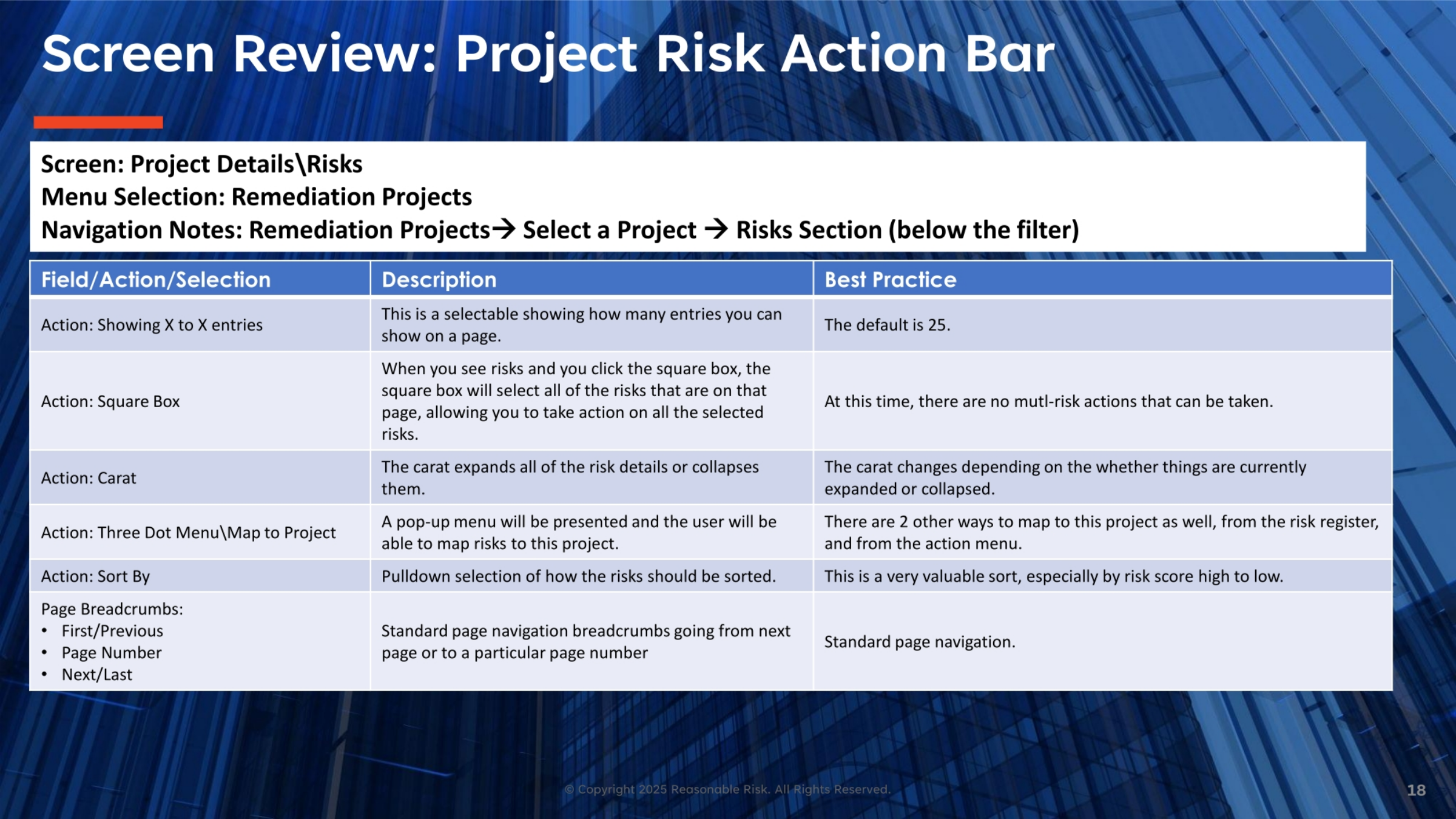 Screen Review: Project Risk Action Bar