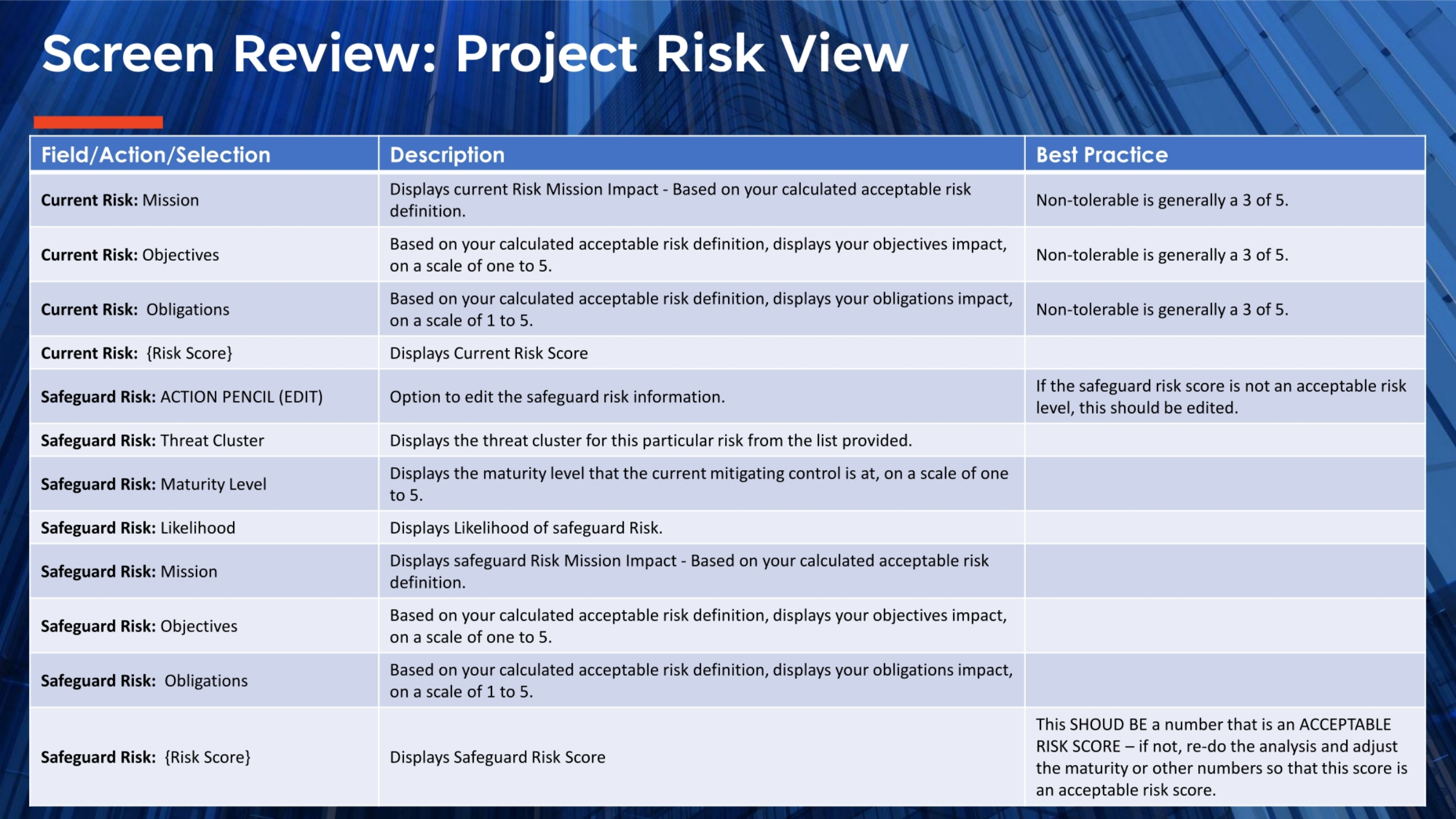 Screen Review: Project Risk View
