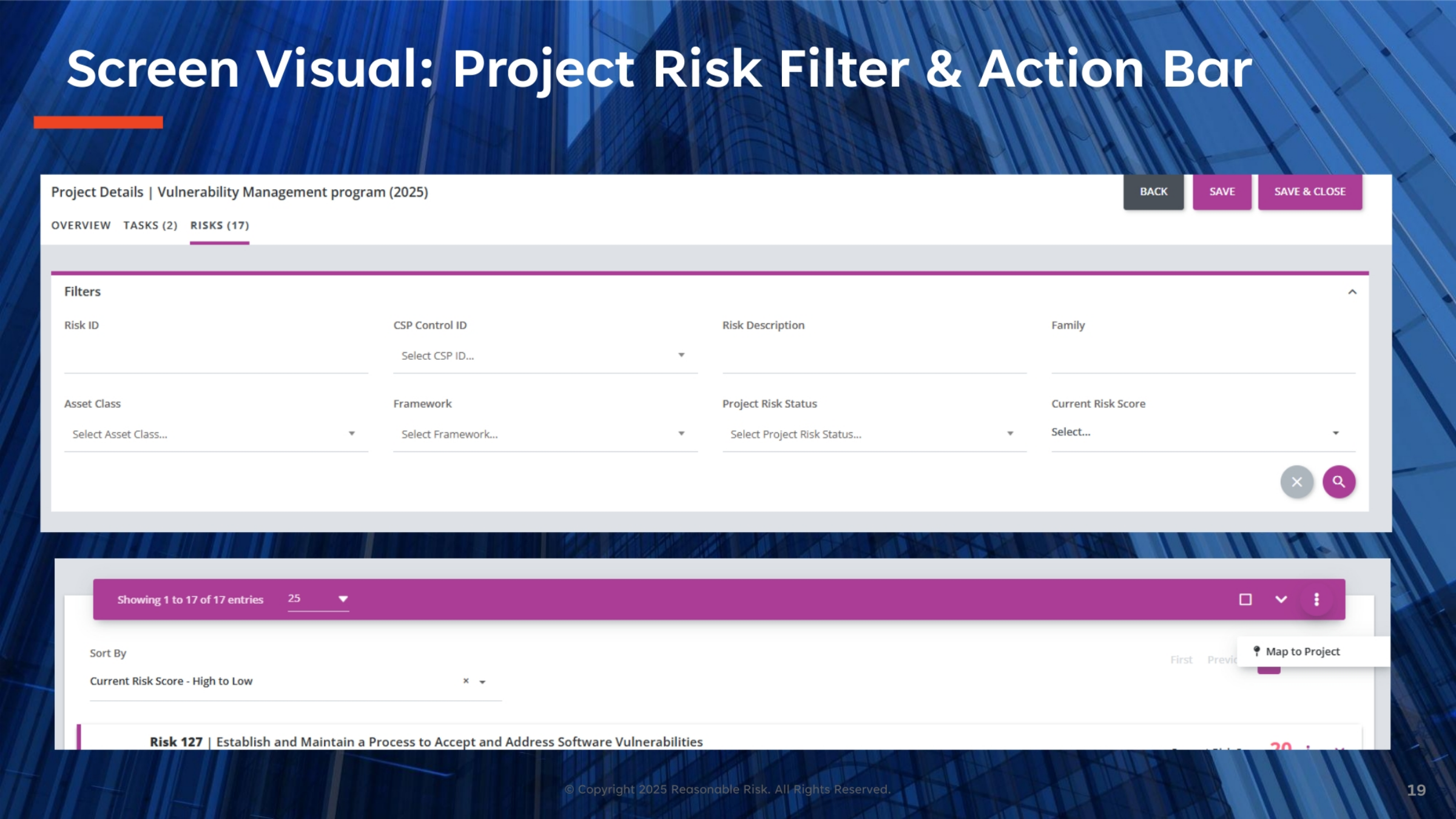 Screen Visual: Project Risk Filter & Action Bar
