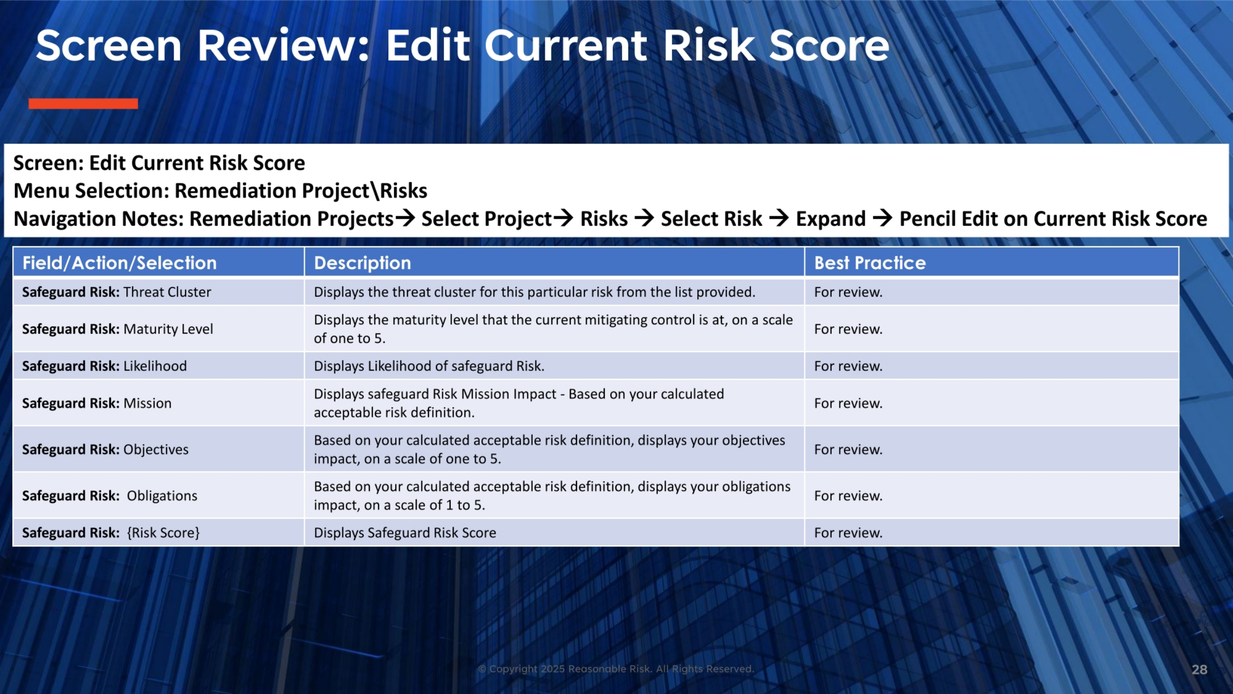 Screen Review: Edit Current Risk Score