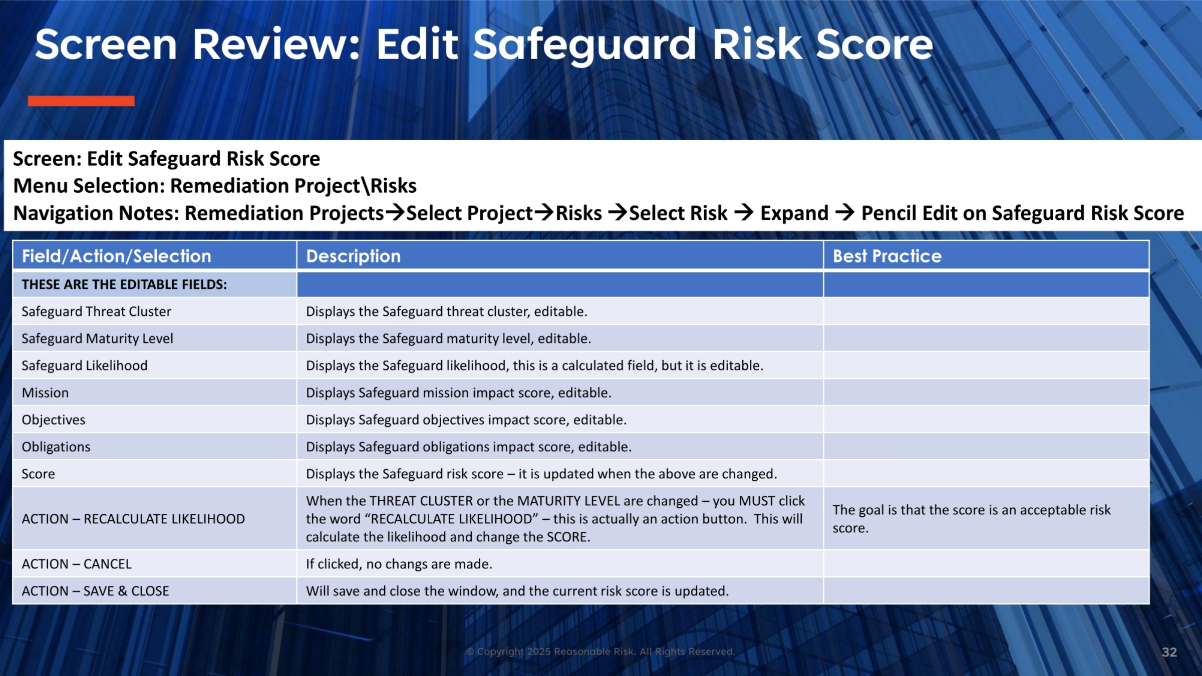 Screen Review: Edit Safeguard Risk Score