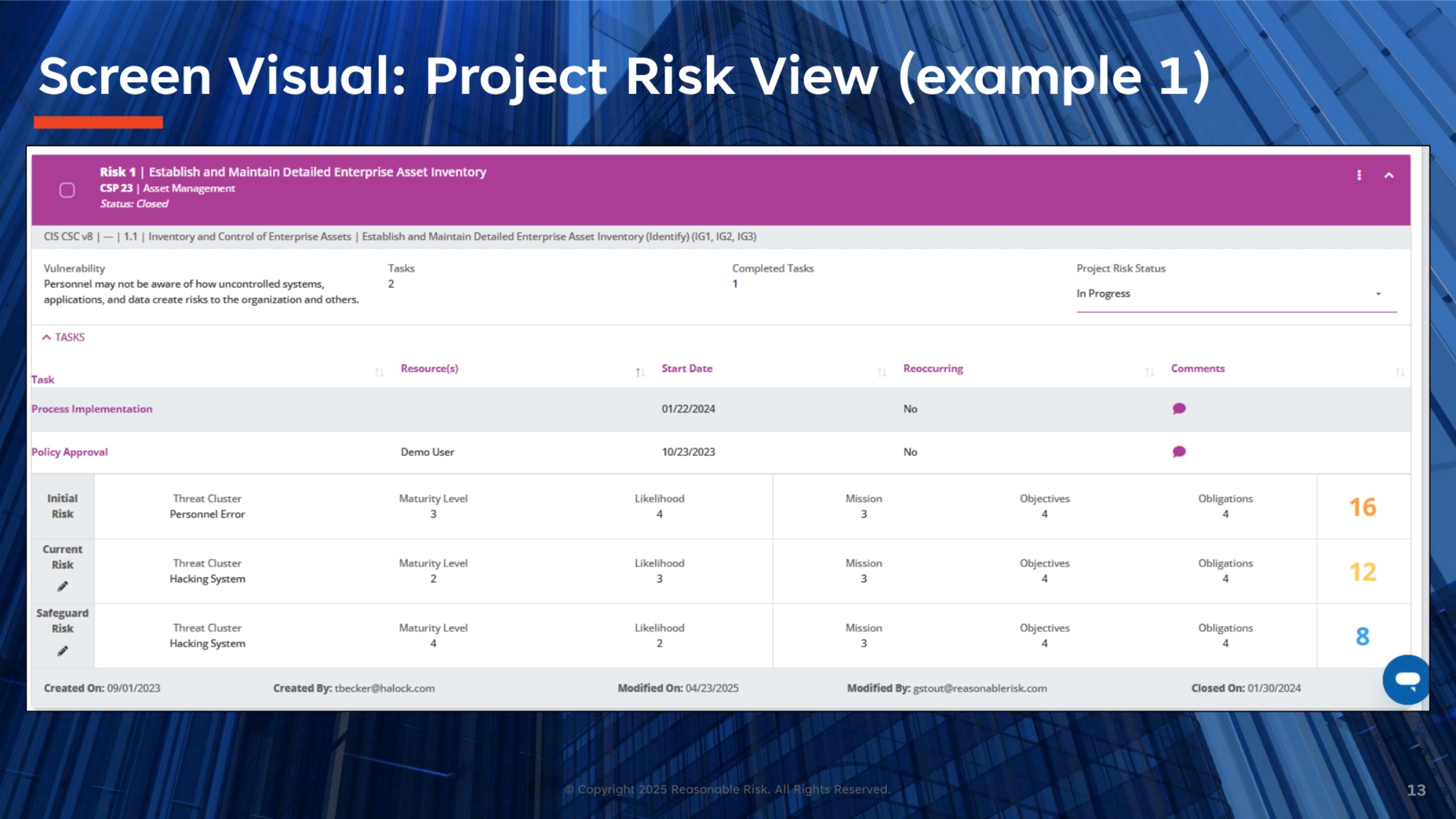 Screen Visual: Project Risk View (example 1)
