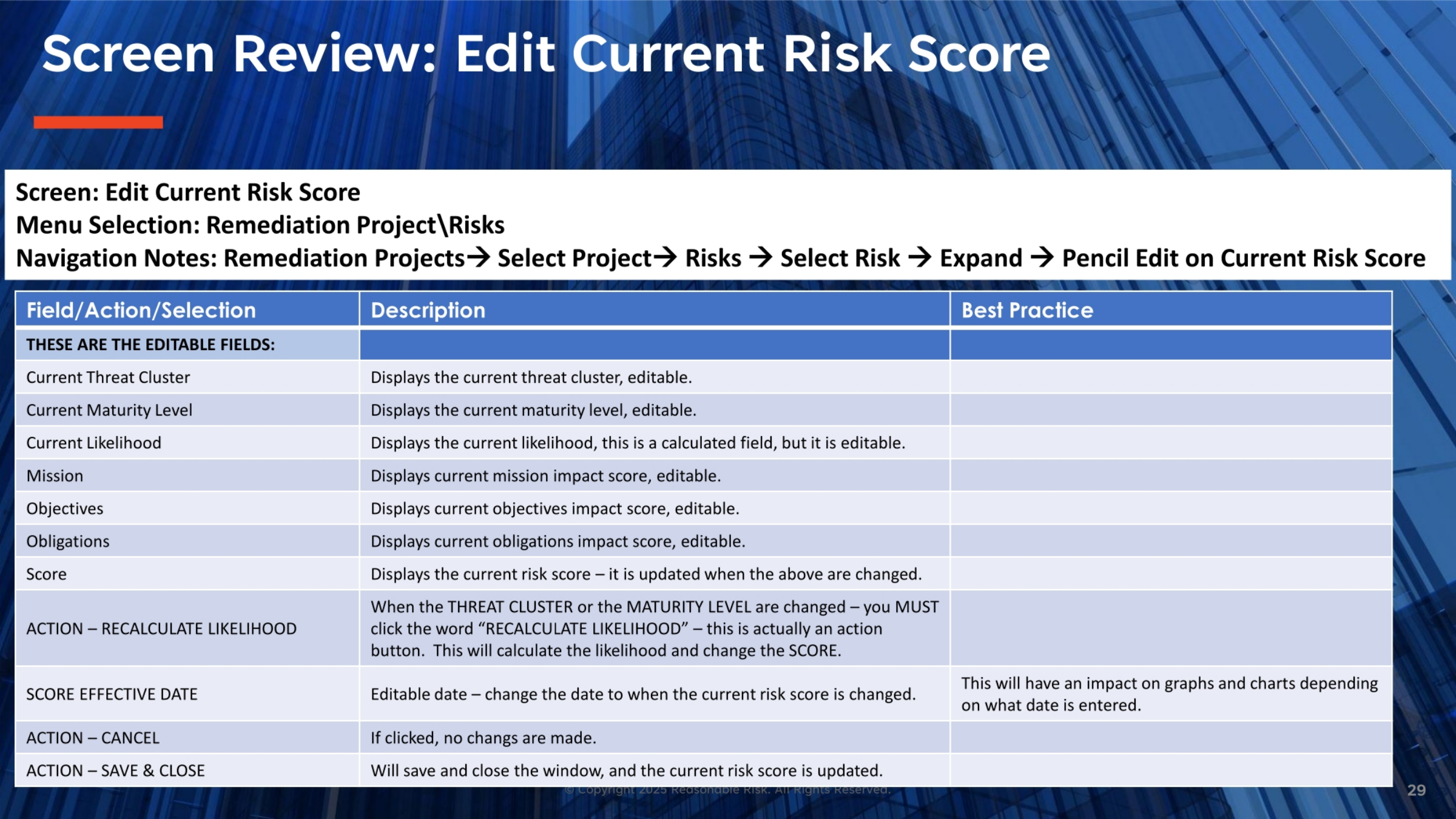 Screen Review: Edit Current Risk Score