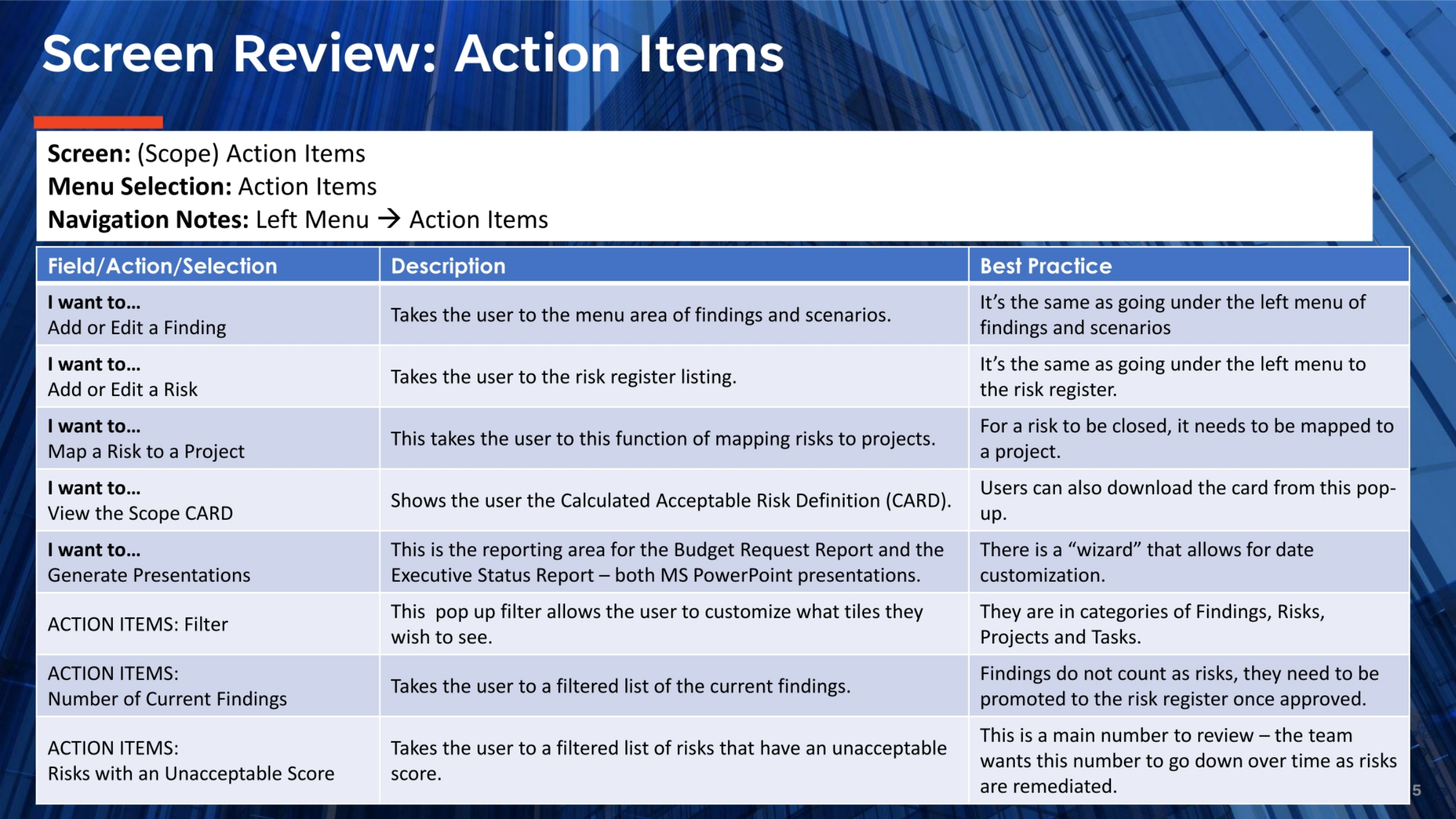 Screen Review: 'I Want To...' and Action Item Filters