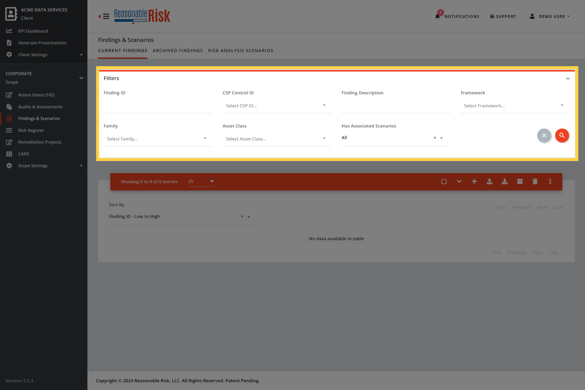 Findings & Scenarios Filters