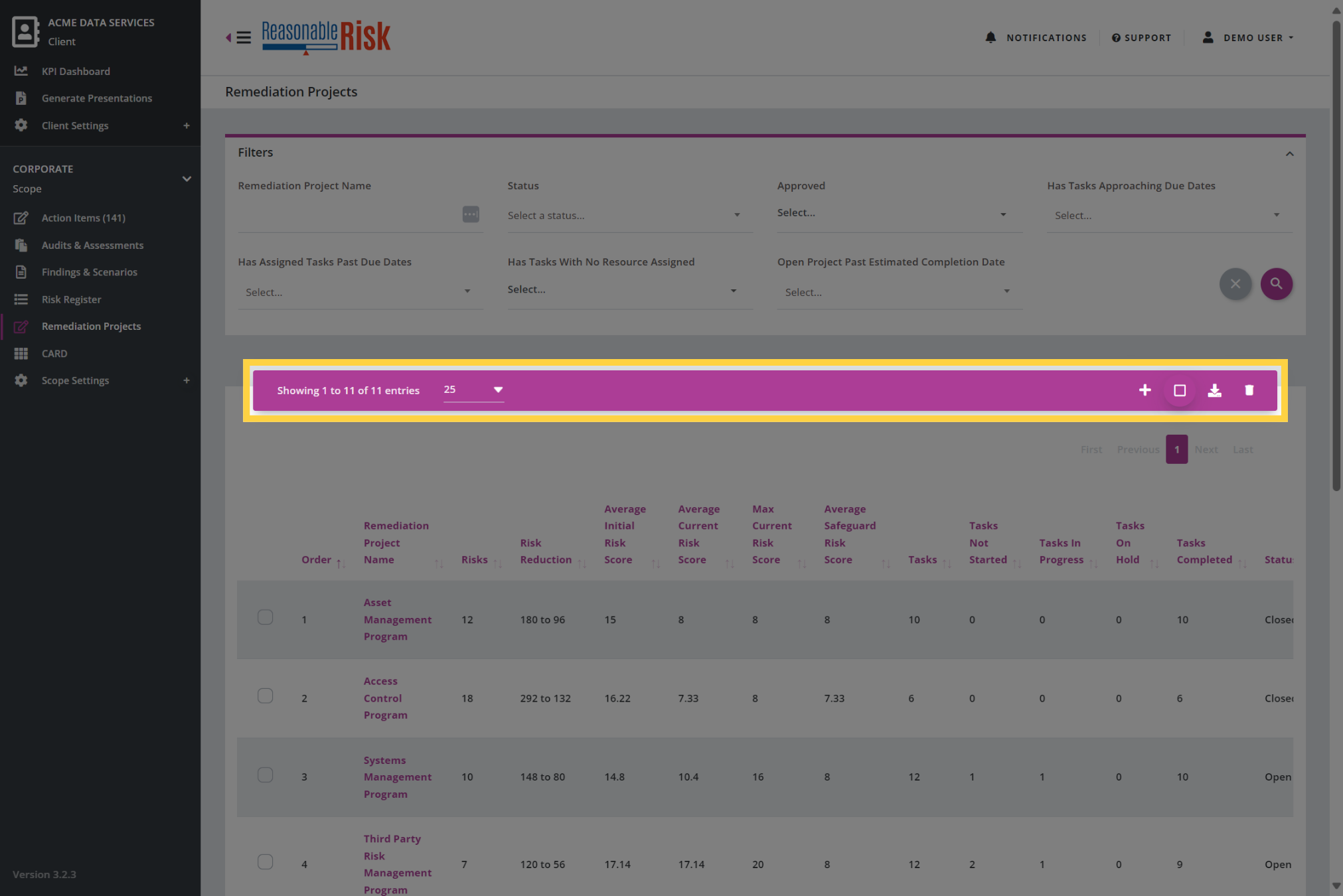 Remediation Projects Action Bar