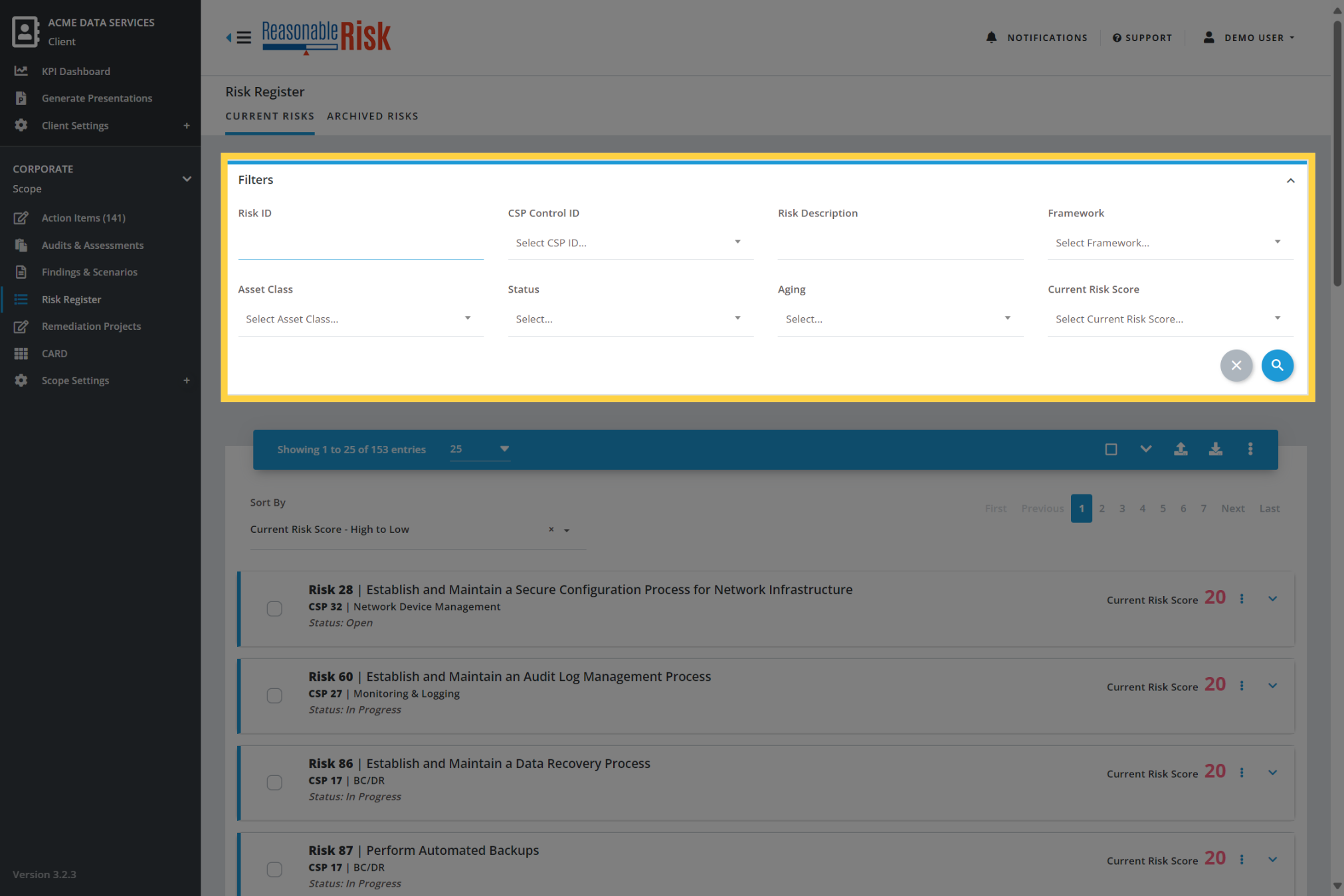 Risk Register Filters