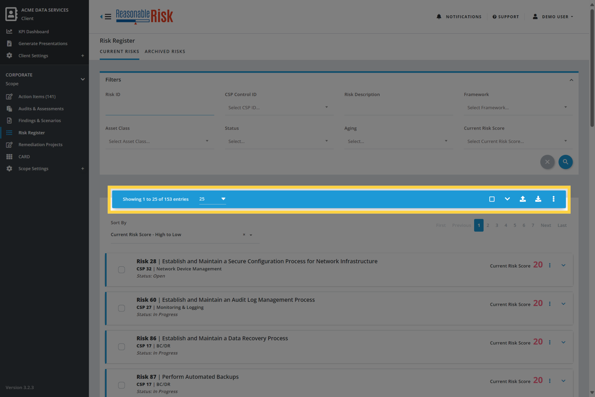 Risk Register Action Bar