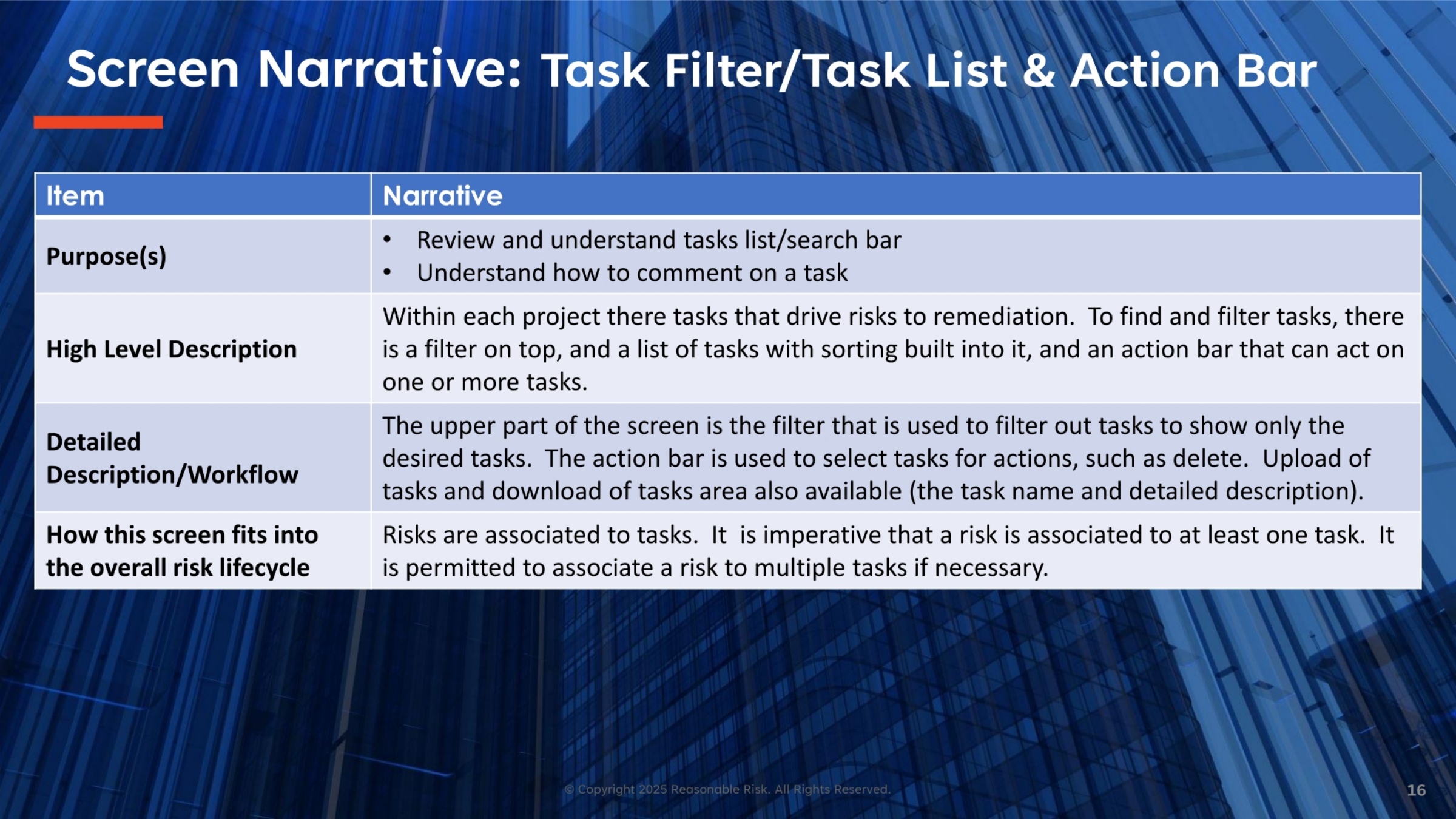 Screen Narrative: Task Filter, List, and Action Bar