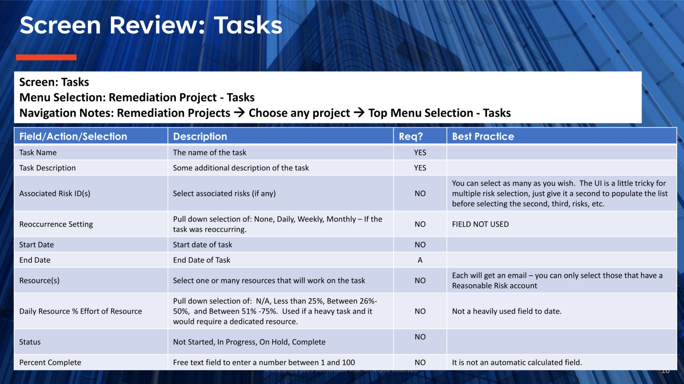 Task Screen Review: General Fields