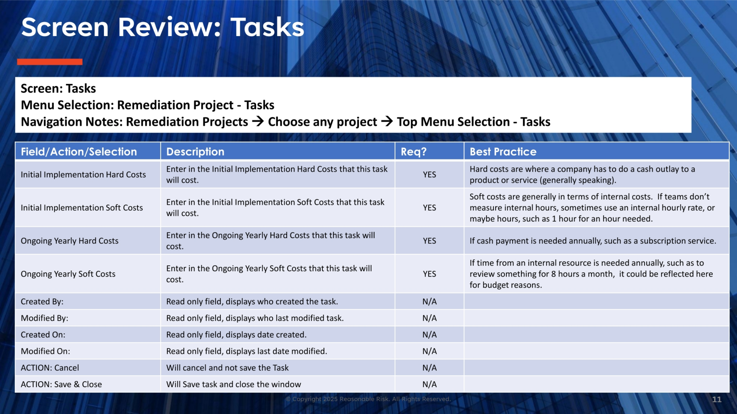 Task Screen Review: Cost and Audit Fields
