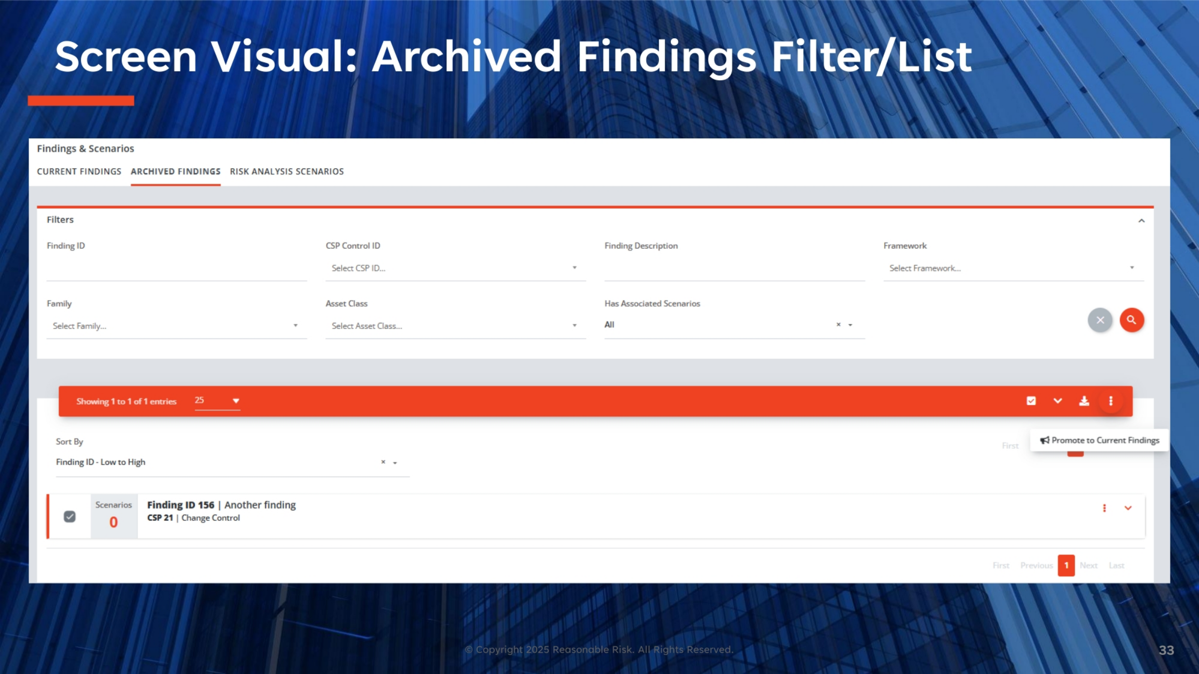 Screen Visual: Archived Findings Filter/List