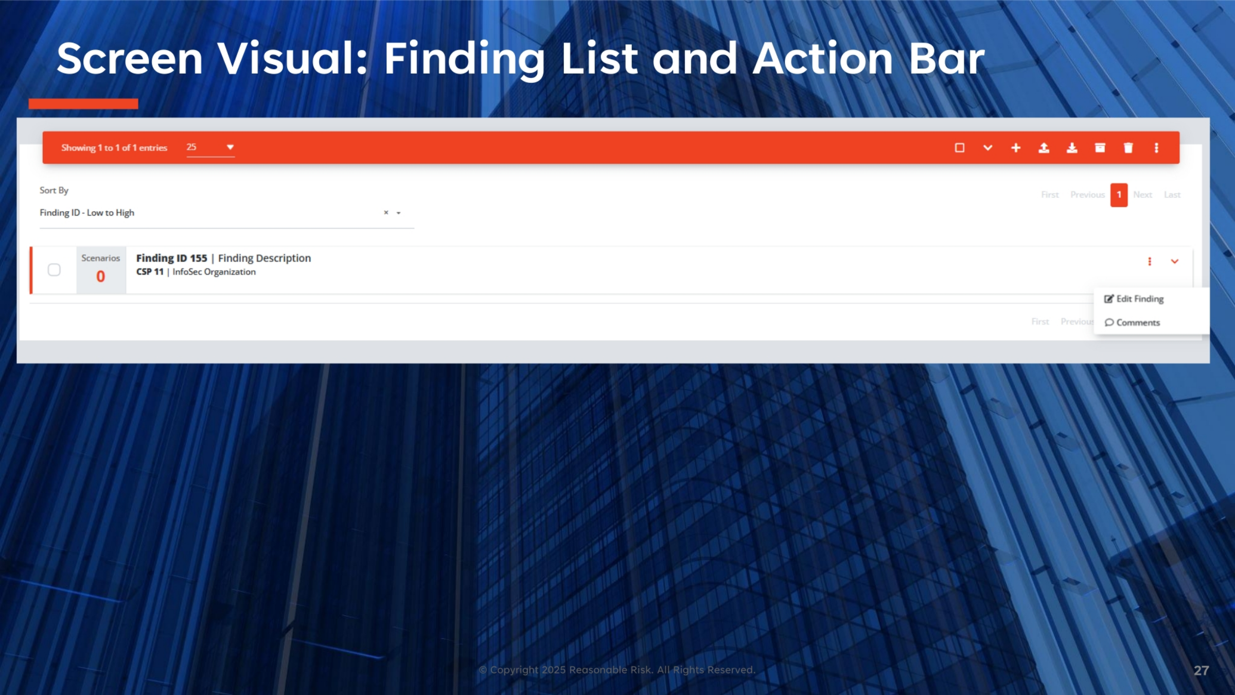 Screen Visual: Finding List and Action Bar