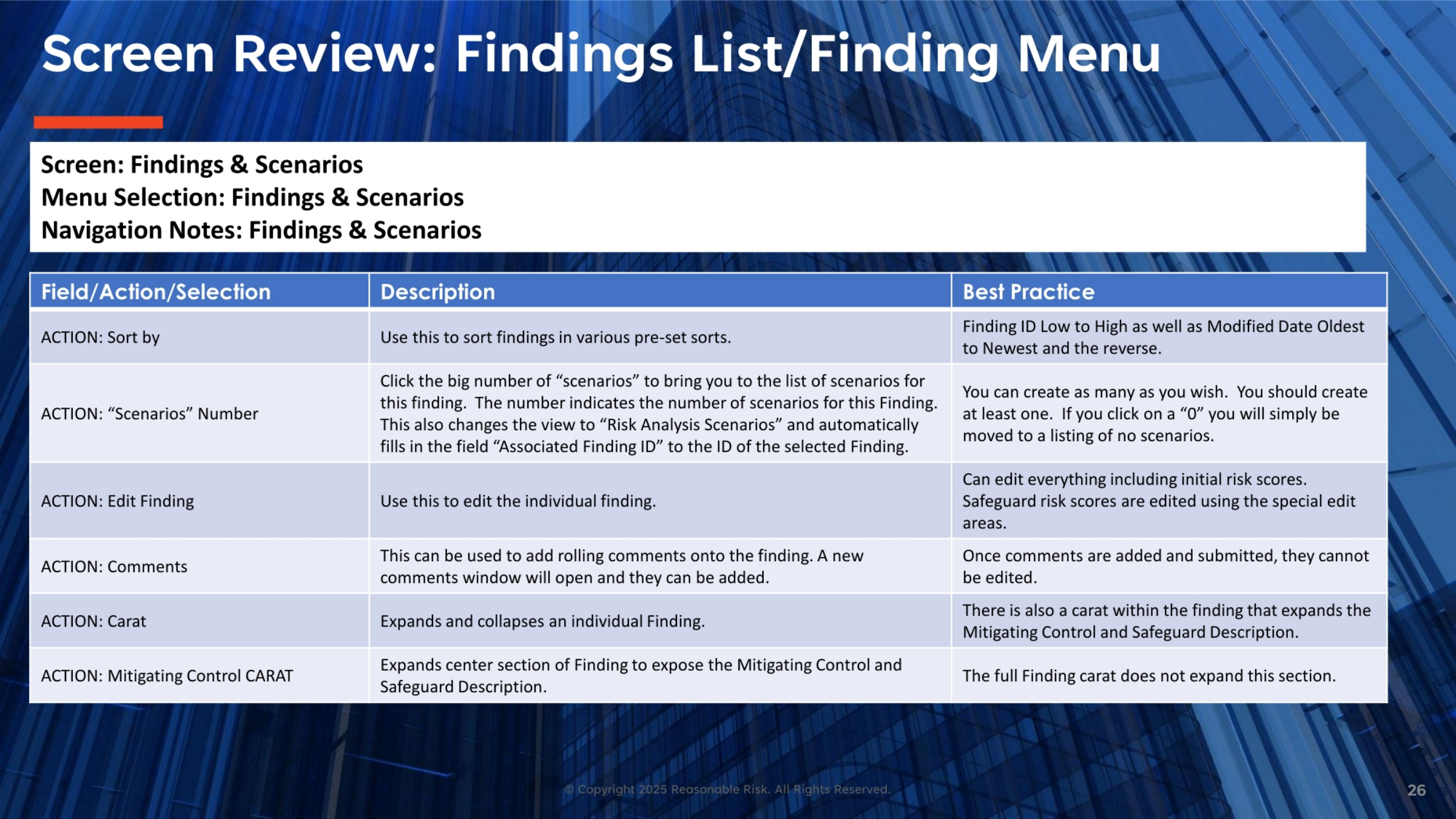 Screen Review: Findings List/Finding Menu