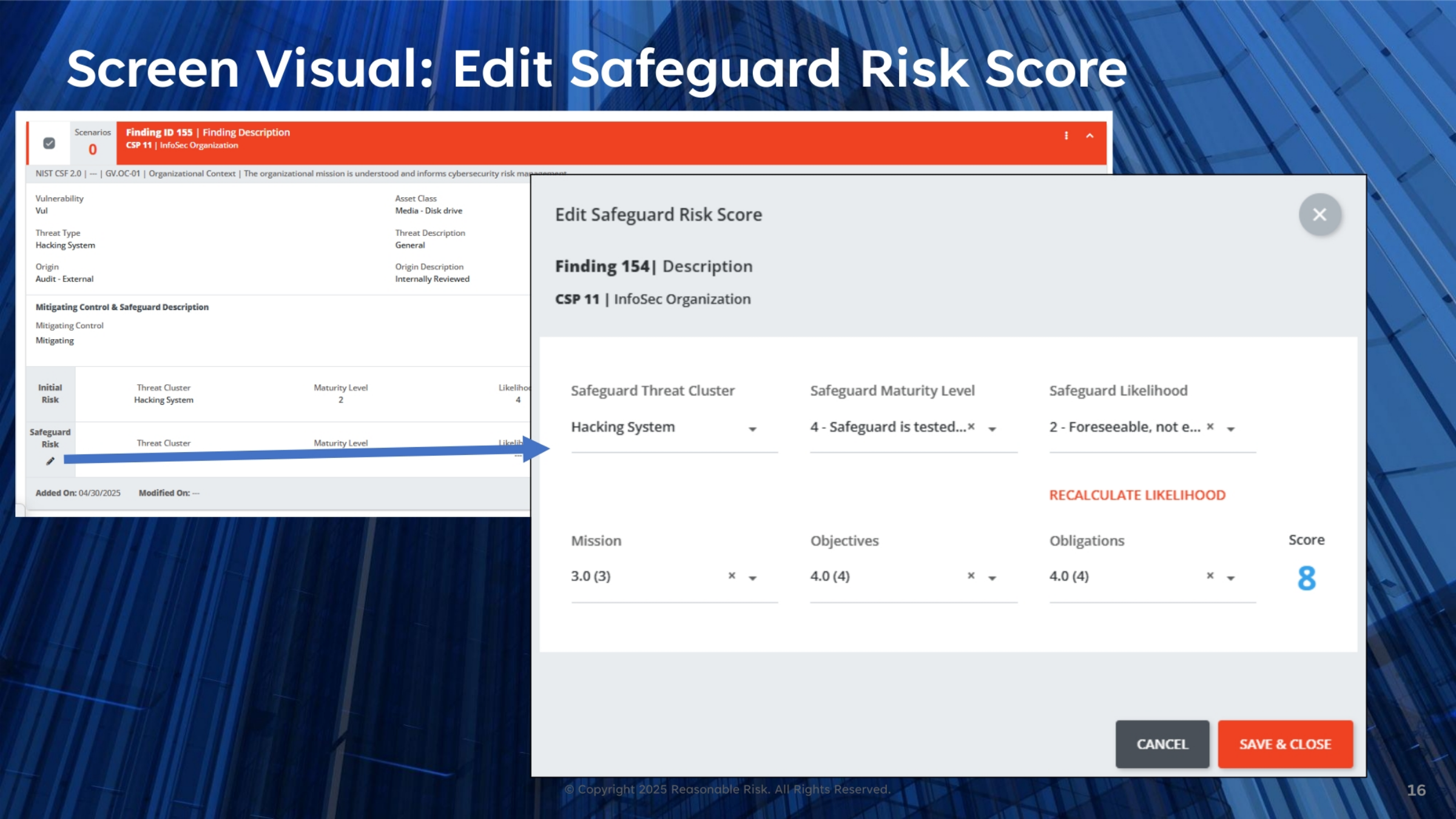 Screen Visual: Edit Safeguard Risk Score