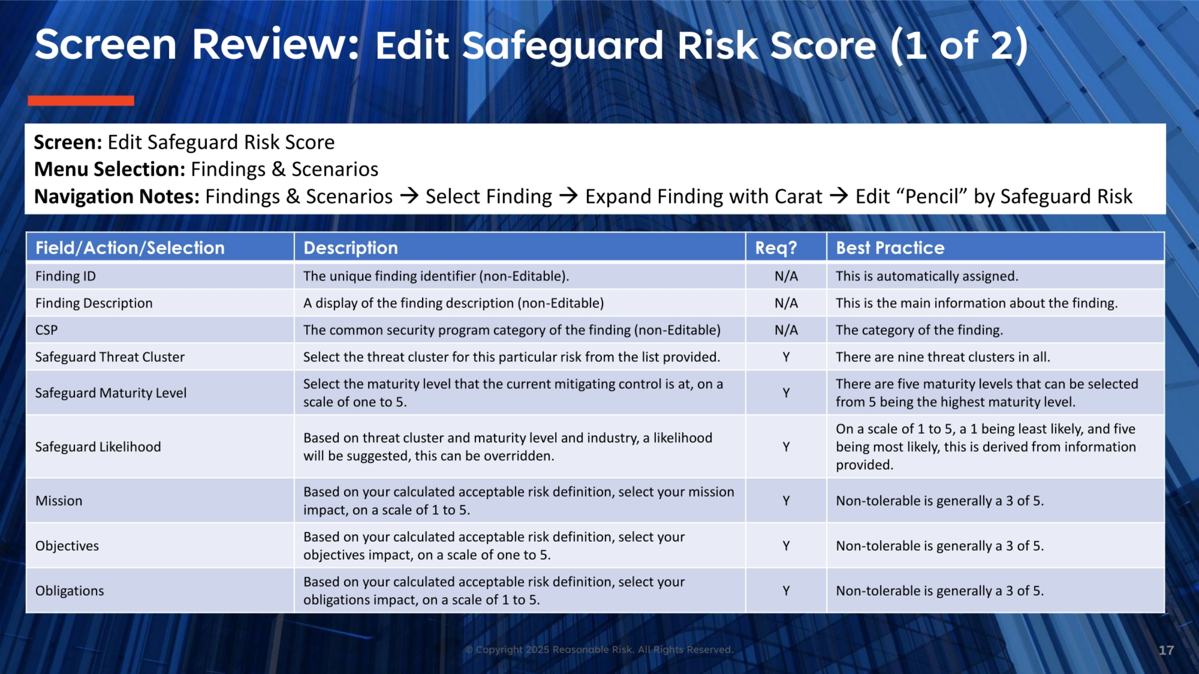 Screen Review: Edit Safeguard Risk Score (1 of 2)