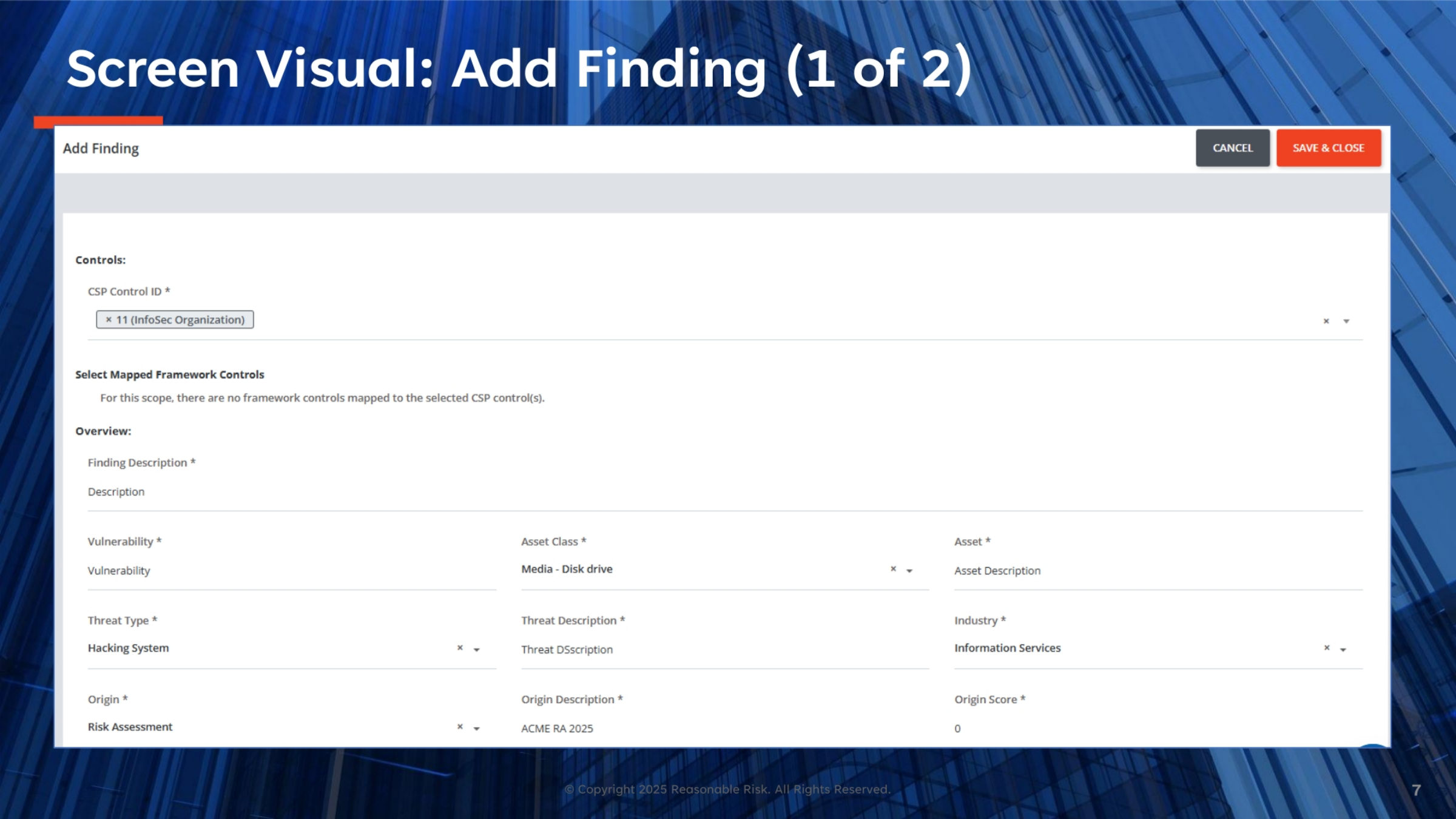 Screen Visual: Add Finding (1 of 2)