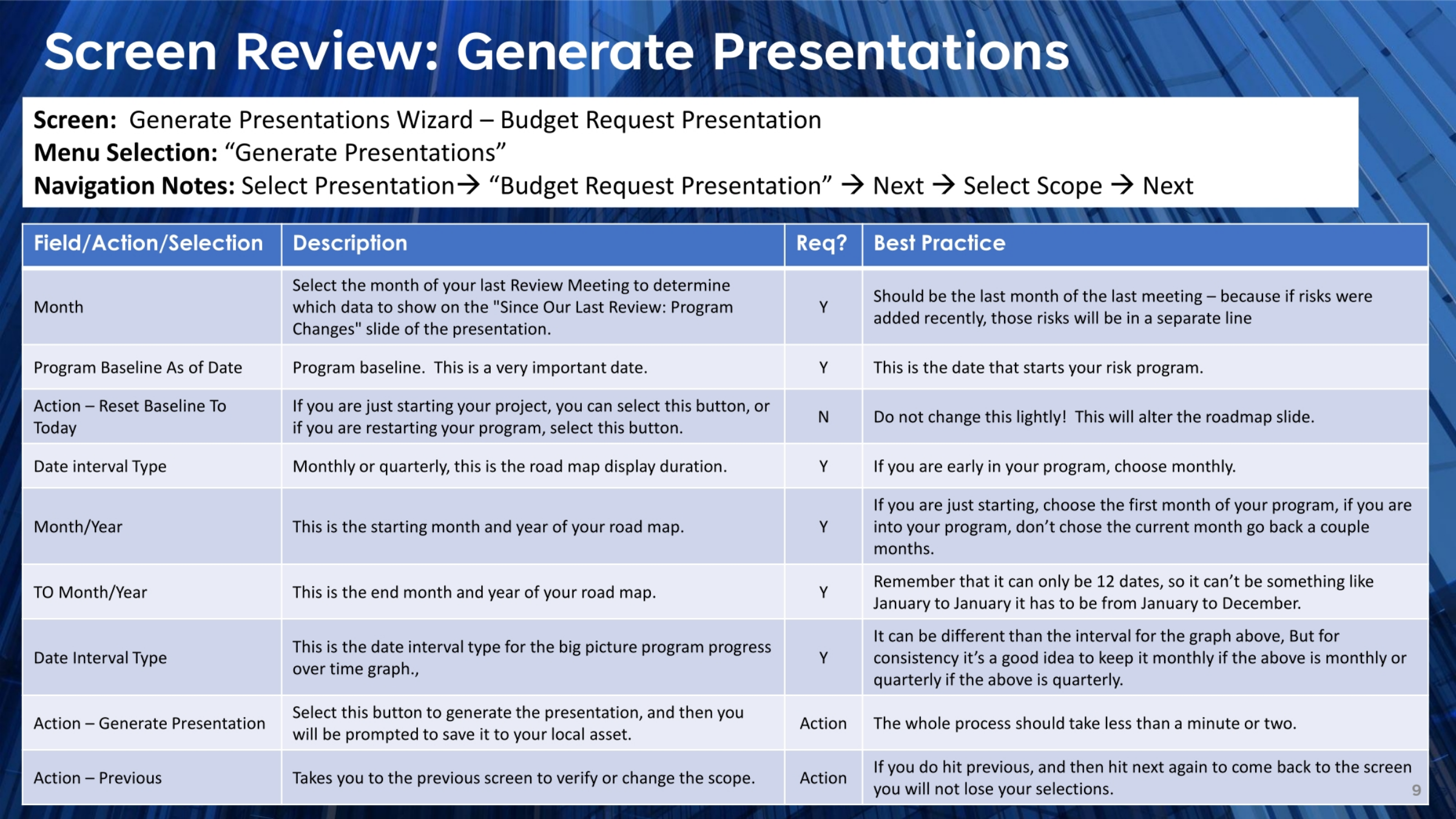 Generate Presentations Screen Review