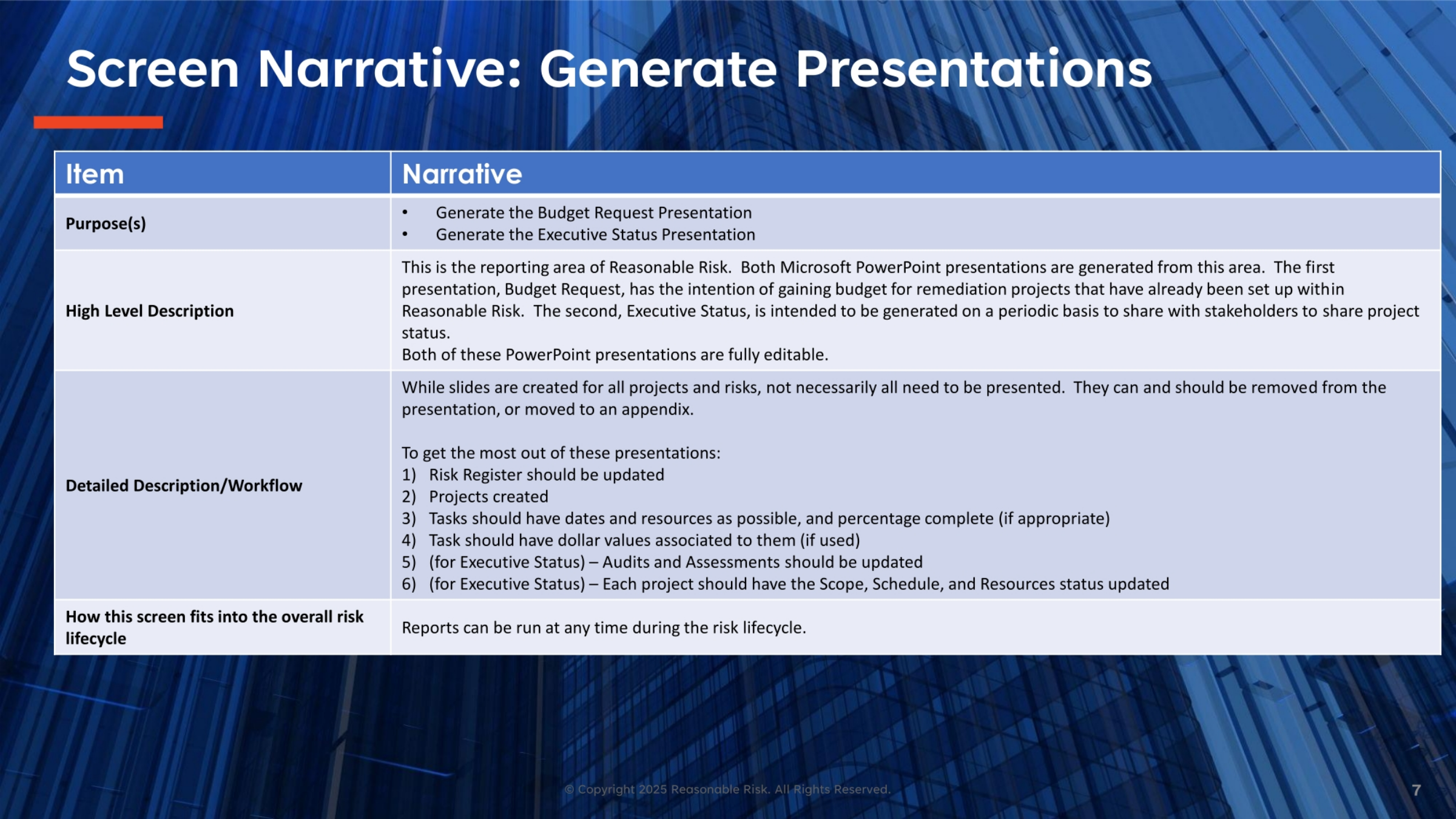 Generate Presentations Screen Narrative