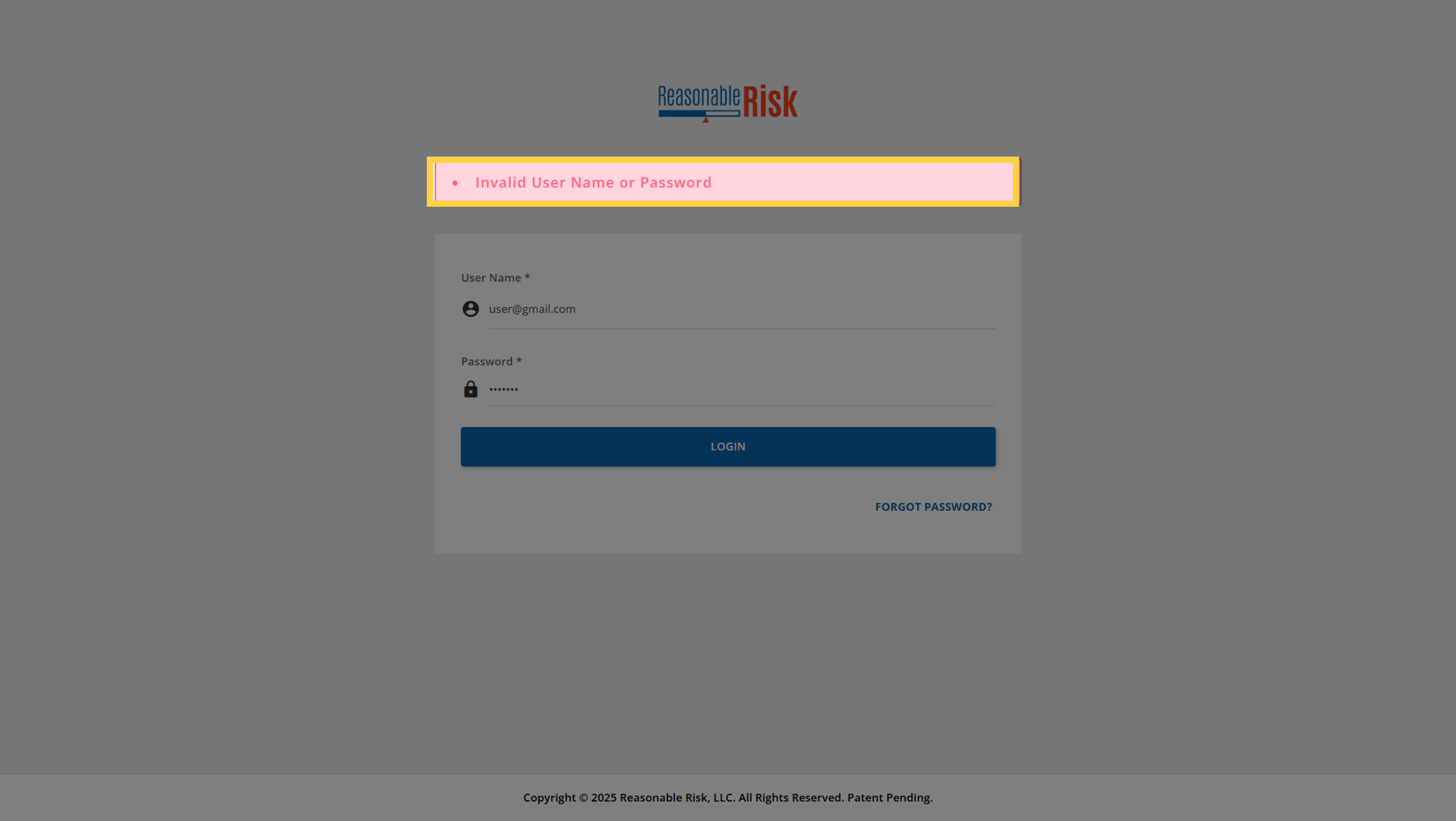'Invalid User Name or Password'