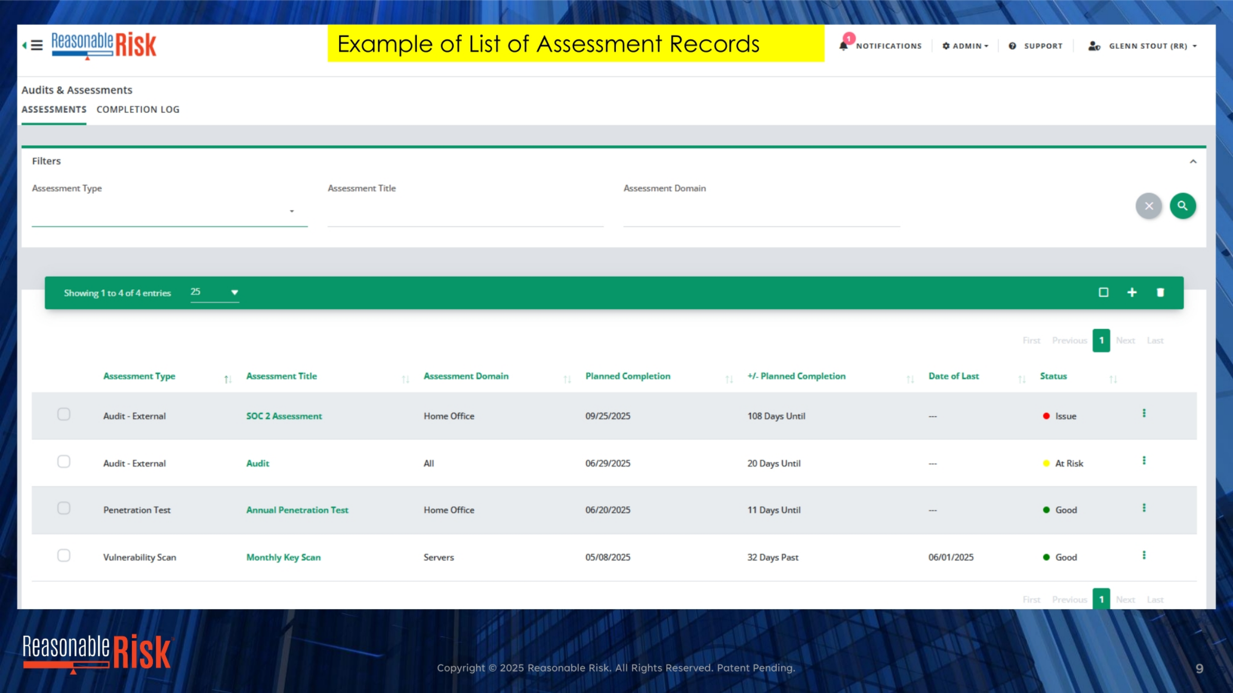 Example: List of Assessment Records