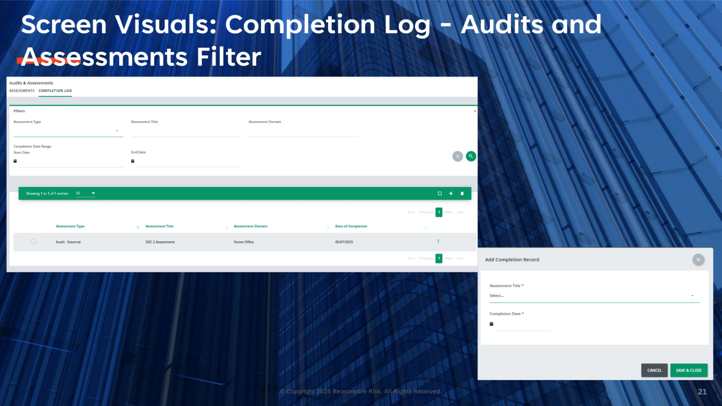 Screen Visuals: Completion Log Filter
