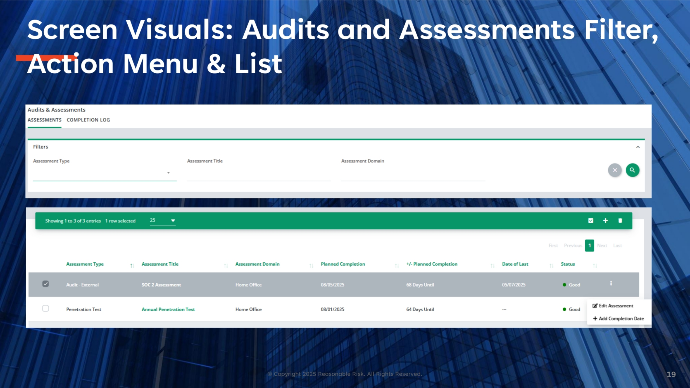 Screen Visuals: Audits and Assessments Filter