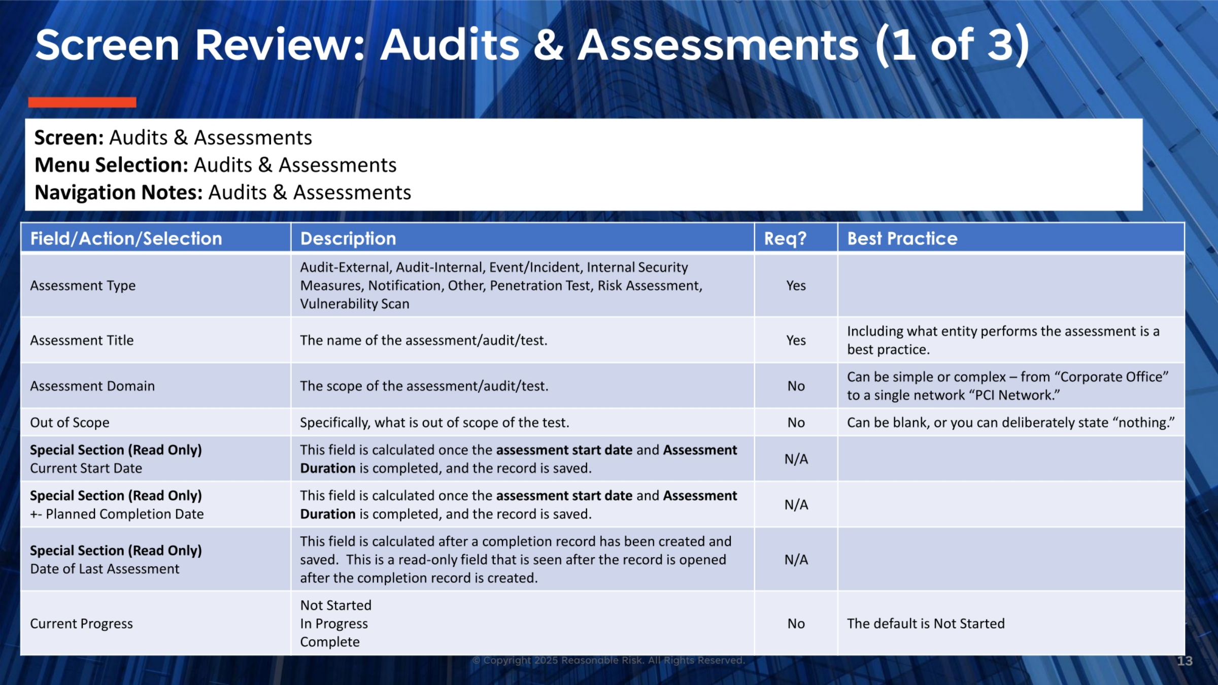 Screen Review: Audits & Assessments Fields (Part 1)