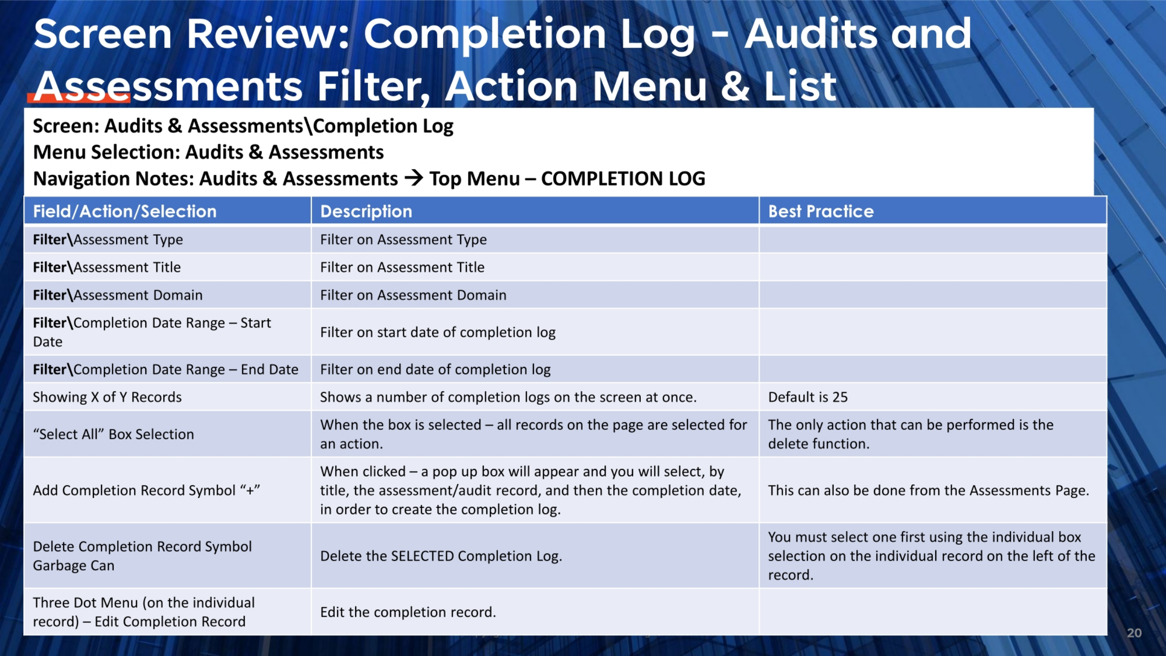Screen Review: Completion Log Filter and Actions
