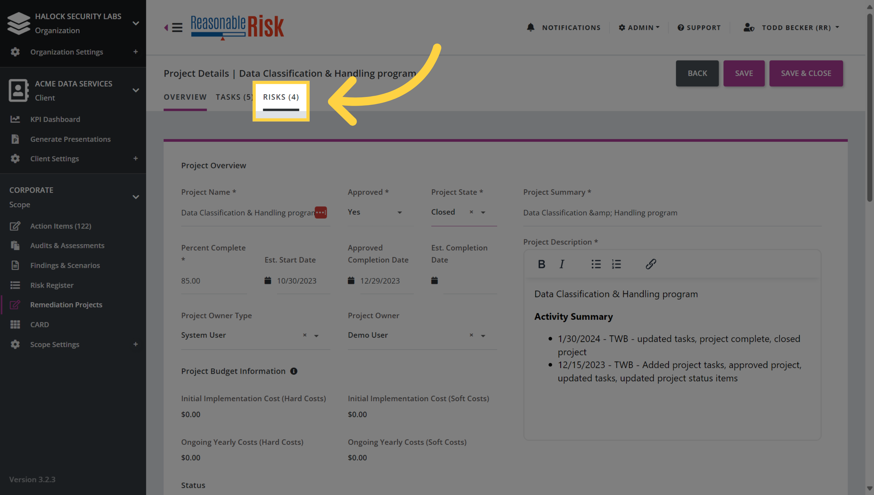 Select the 'Risks' tab