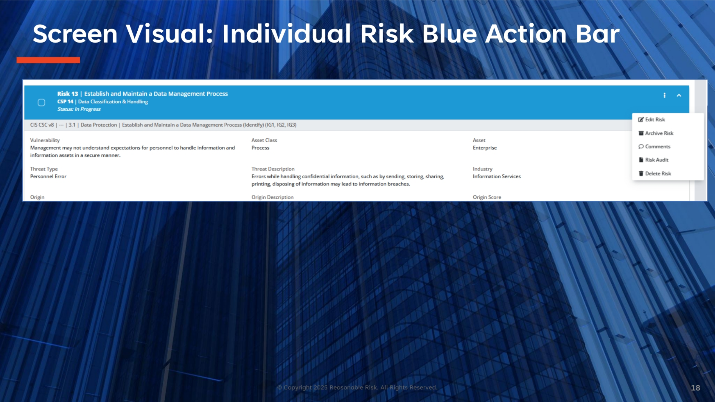 Screen Visual: Individual Risk Blue Action Bar