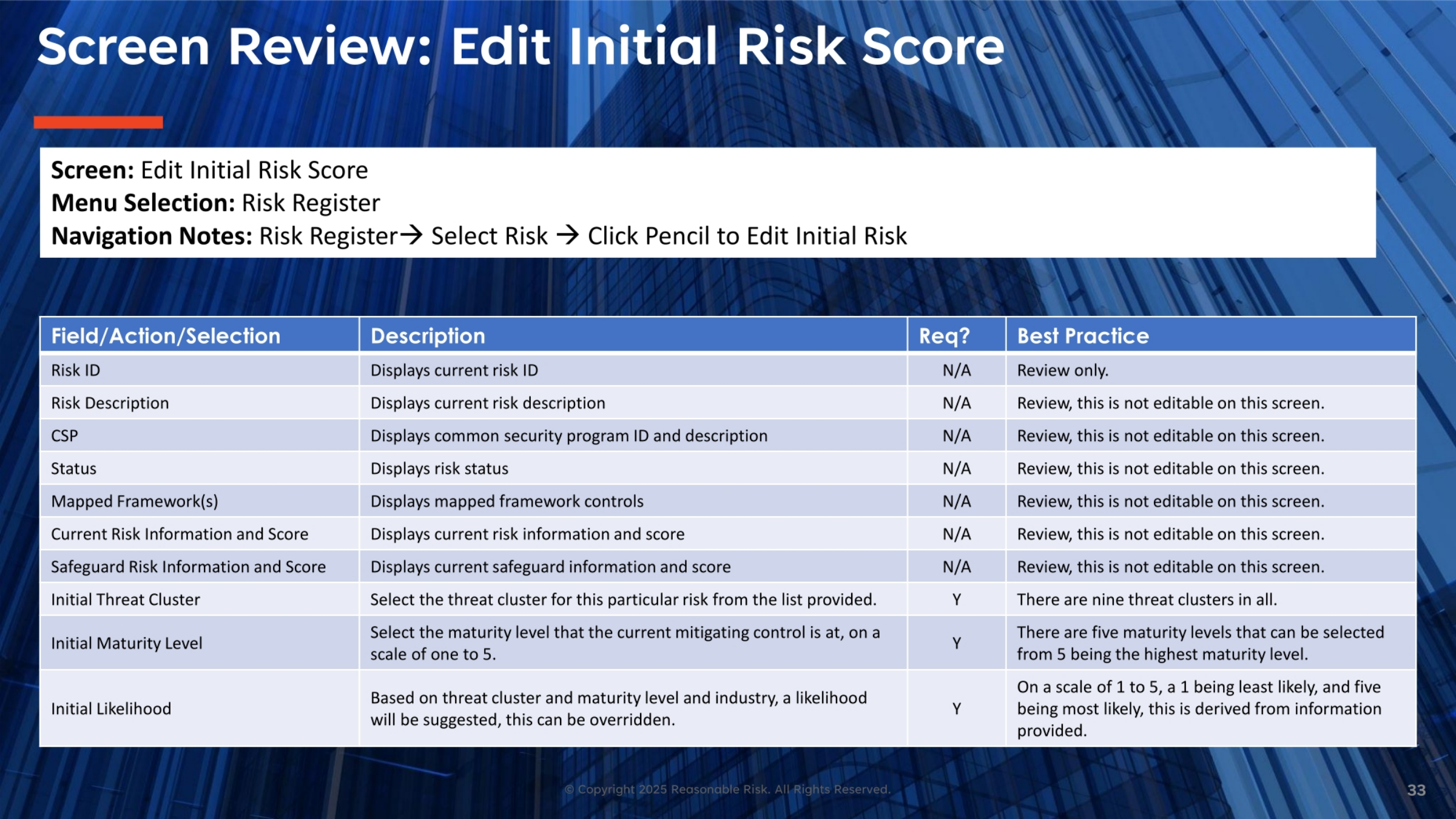 Screen Review: Edit Initial Risk Score
